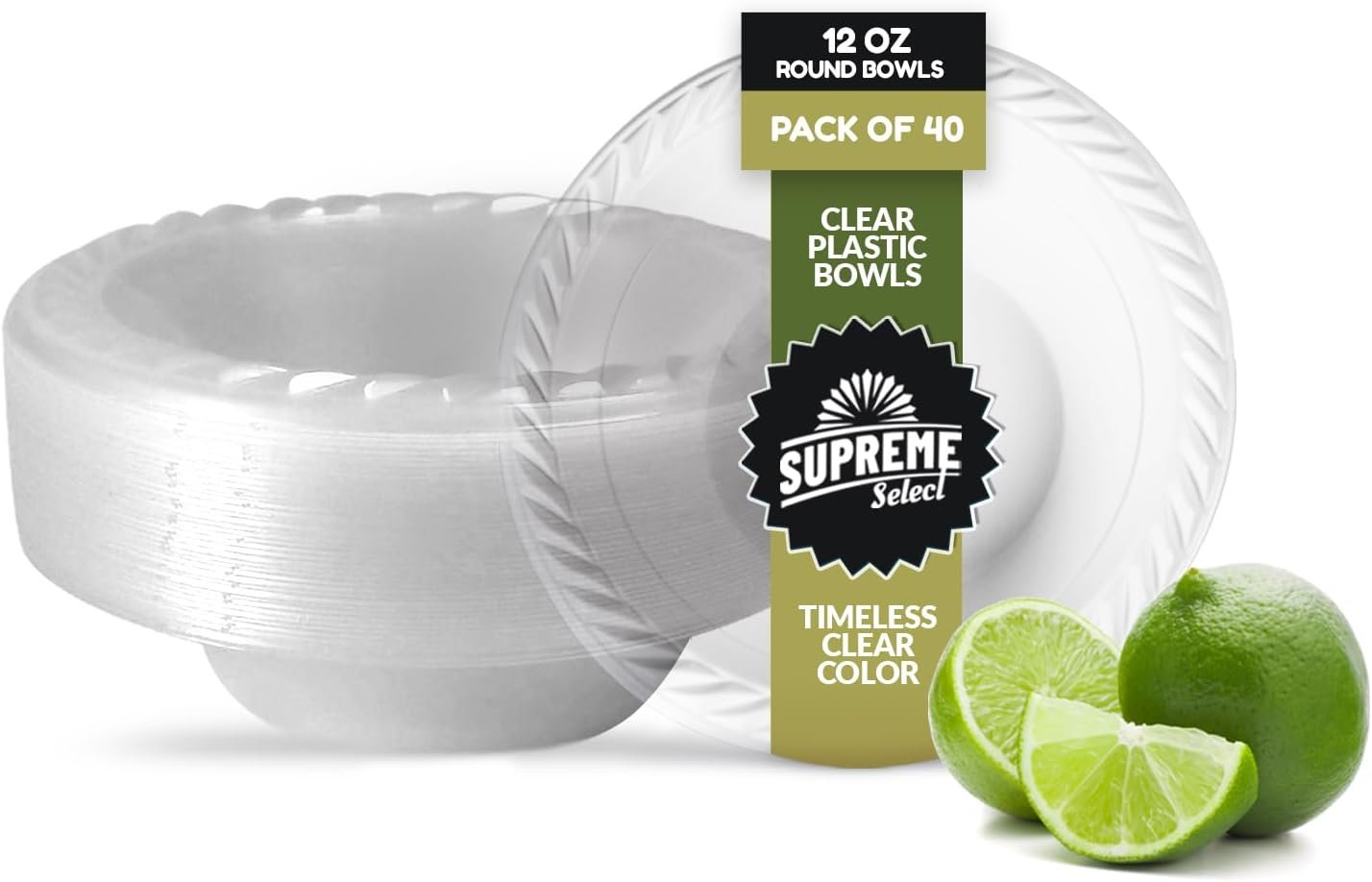 Supreme Select Clear Disposable Plastic Bowls [Pack of 40 | 12oz] Microwave Safe - Sturdy Rimmed Soup/Salad/Dessert/Ice Cream Bowls For Weddings, Parties, Kitchen Use
