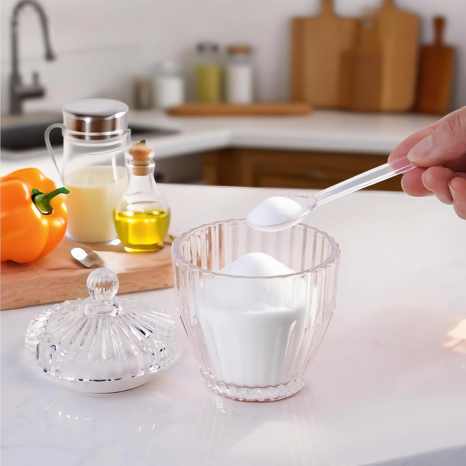 OEM Clear Glass Sugar Bowl with Lid and Spoon 5-Ounce Dispenser for Salt Seasoning Home Kitchen Dishwasher Safe Factory