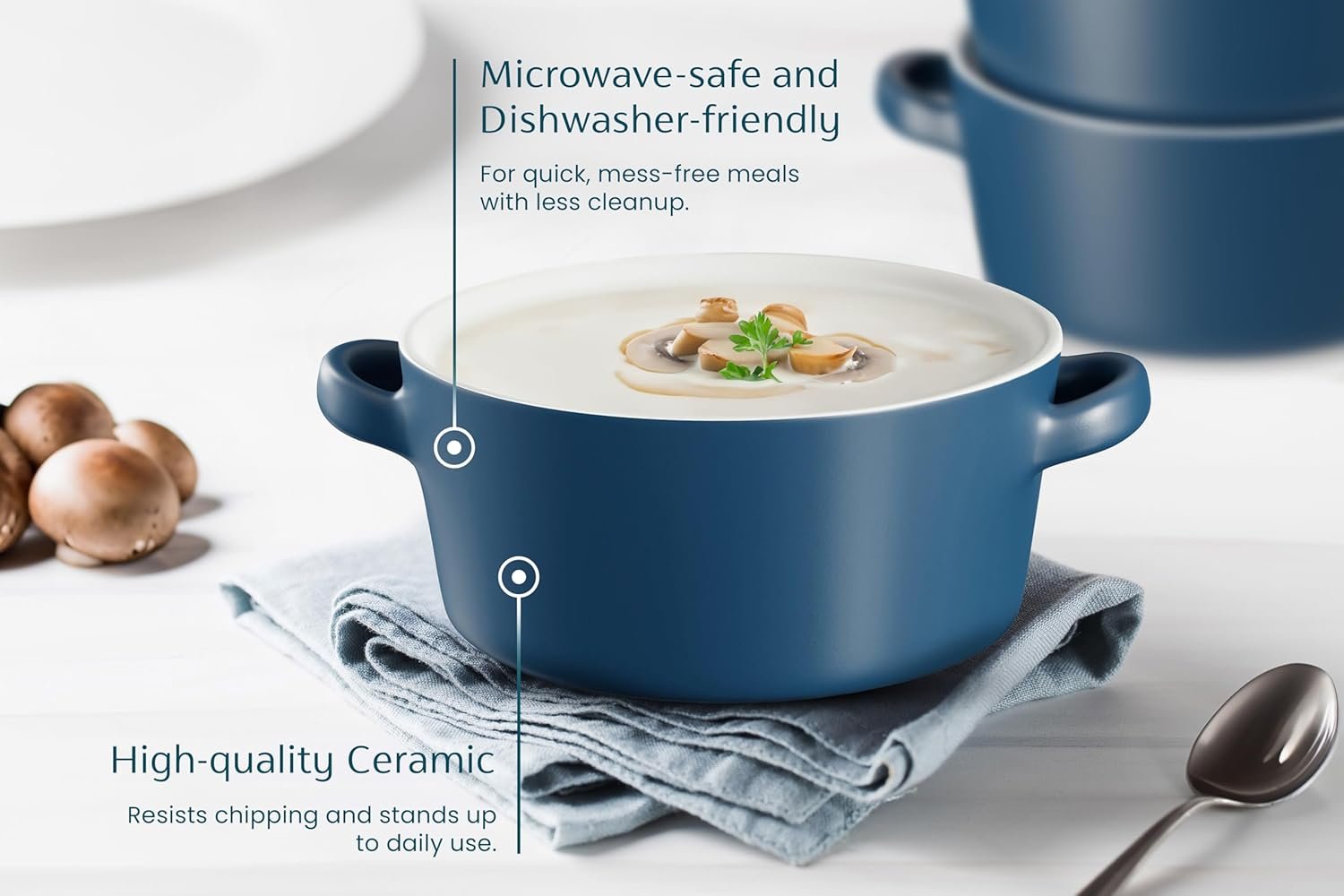 OEM 18 oz Ceramic Stackable Soup Bowls with Handles Set of 4 Matte Blue Oven Microwave Dishwasher Broil Safe Manufacturer OEM 18 oz Ceramic Stackable Soup Bowls with Handles Set of 4 Matte Blue Oven Microwave Dishwasher Broil Safe Manufacturer