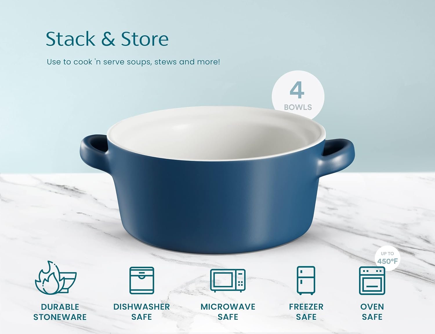 OEM 18 oz Ceramic Stackable Soup Bowls with Handles Set of 4 Matte Blue Oven Microwave Dishwasher Broil Safe Manufacturer OEM 18 oz Ceramic Stackable Soup Bowls with Handles Set of 4 Matte Blue Oven Microwave Dishwasher Broil Safe Manufacturer