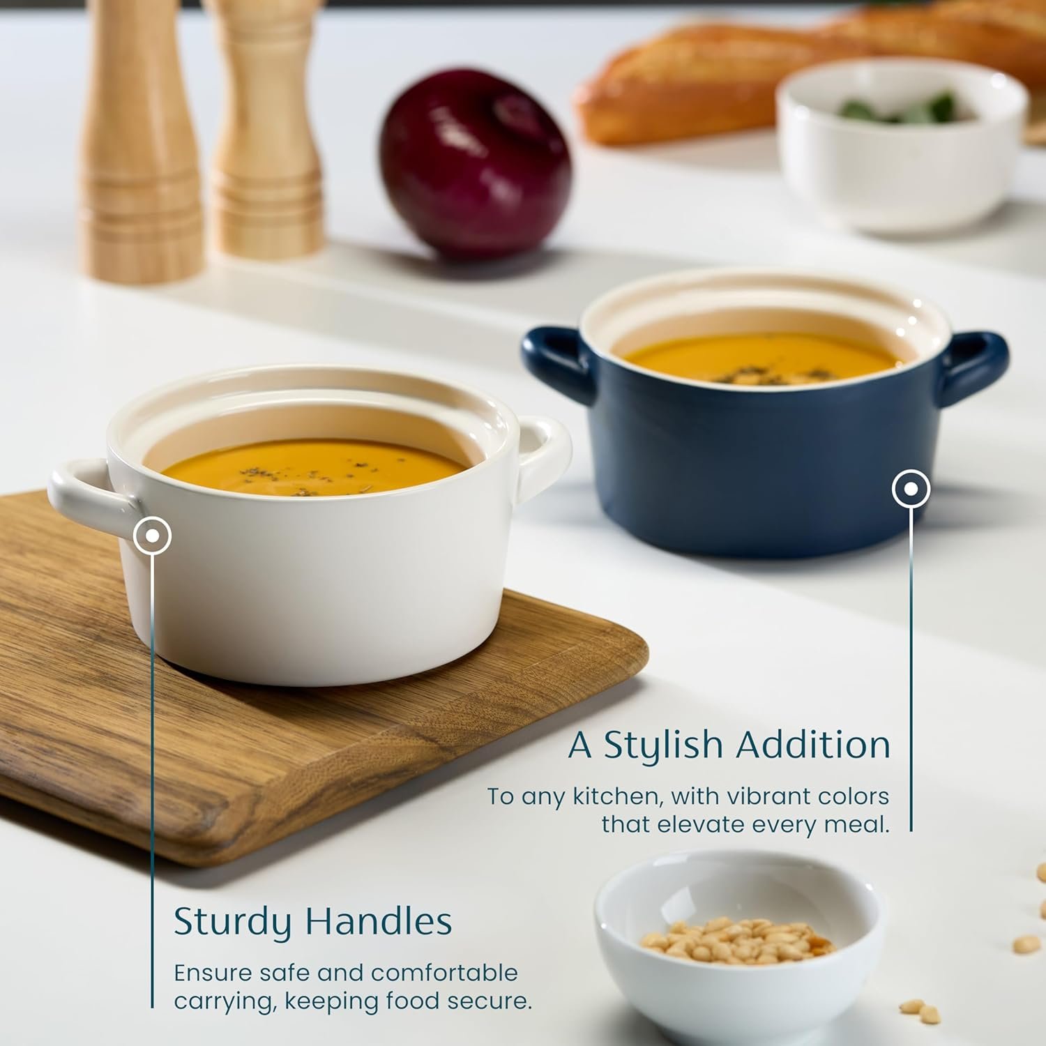 OEM 18 oz Ceramic Stackable Soup Bowls with Handles Set of 4 Matte Blue Oven Microwave Dishwasher Broil Safe Manufacturer OEM 18 oz Ceramic Stackable Soup Bowls with Handles Set of 4 Matte Blue Oven Microwave Dishwasher Broil Safe Manufacturer