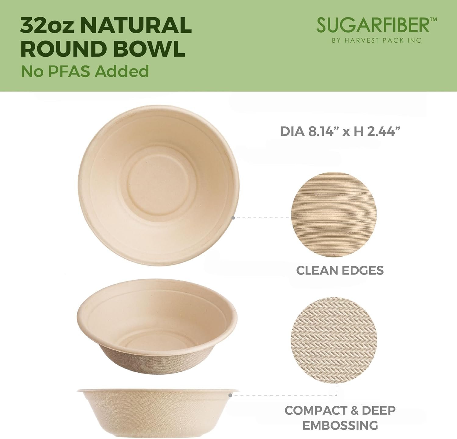 Wholesale 50 Count PFAS-Free 32oz Round Compostable Paper Bowls Heavy-Duty Eco-Friendly Disposable Bagasse Large Soup Bowls Sugarcane Made for Meal Prep Takeout Dinnerware Microwave Safe Factory