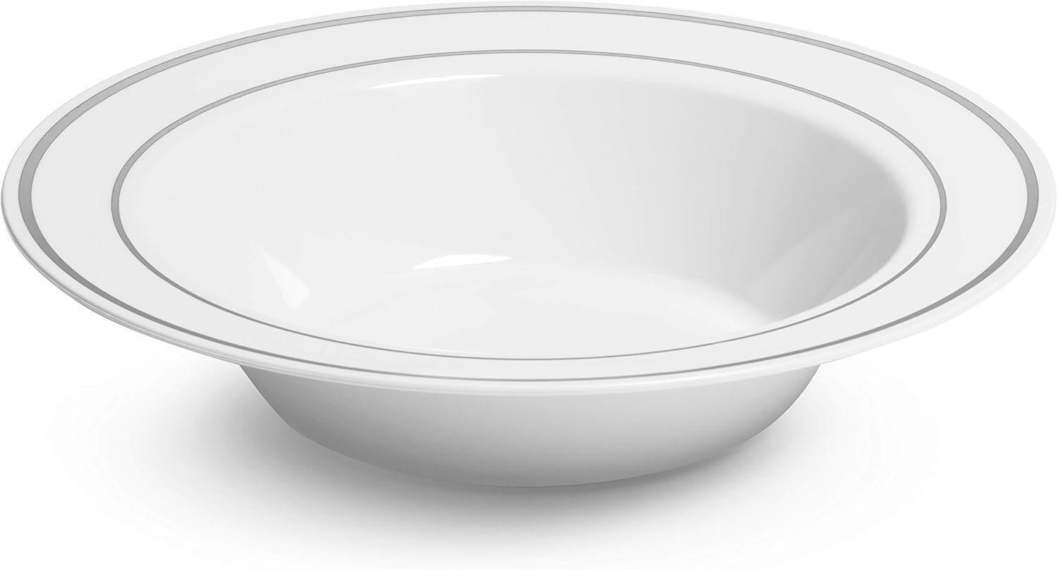 Wholesale Silver Rimmed White Bowls 12 oz 50 Count Hard Plastic Disposable or Reusable for Dessert Salad Cereal Pasta Ideal for Weddings Parties Factory Wholesale Silver Rimmed White Bowls 12 oz 50 Count Hard Plastic Disposable or Reusable for Dessert Salad Cereal Pasta Ideal for Weddings Parties Factory