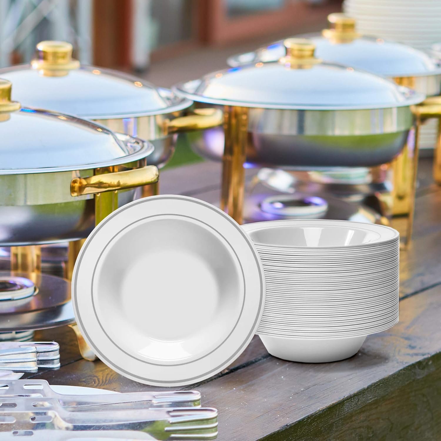 Wholesale Silver Rimmed White Bowls 12 oz 50 Count Hard Plastic Disposable or Reusable for Dessert Salad Cereal Pasta Ideal for Weddings Parties Factory Wholesale Silver Rimmed White Bowls 12 oz 50 Count Hard Plastic Disposable or Reusable for Dessert Salad Cereal Pasta Ideal for Weddings Parties Factory