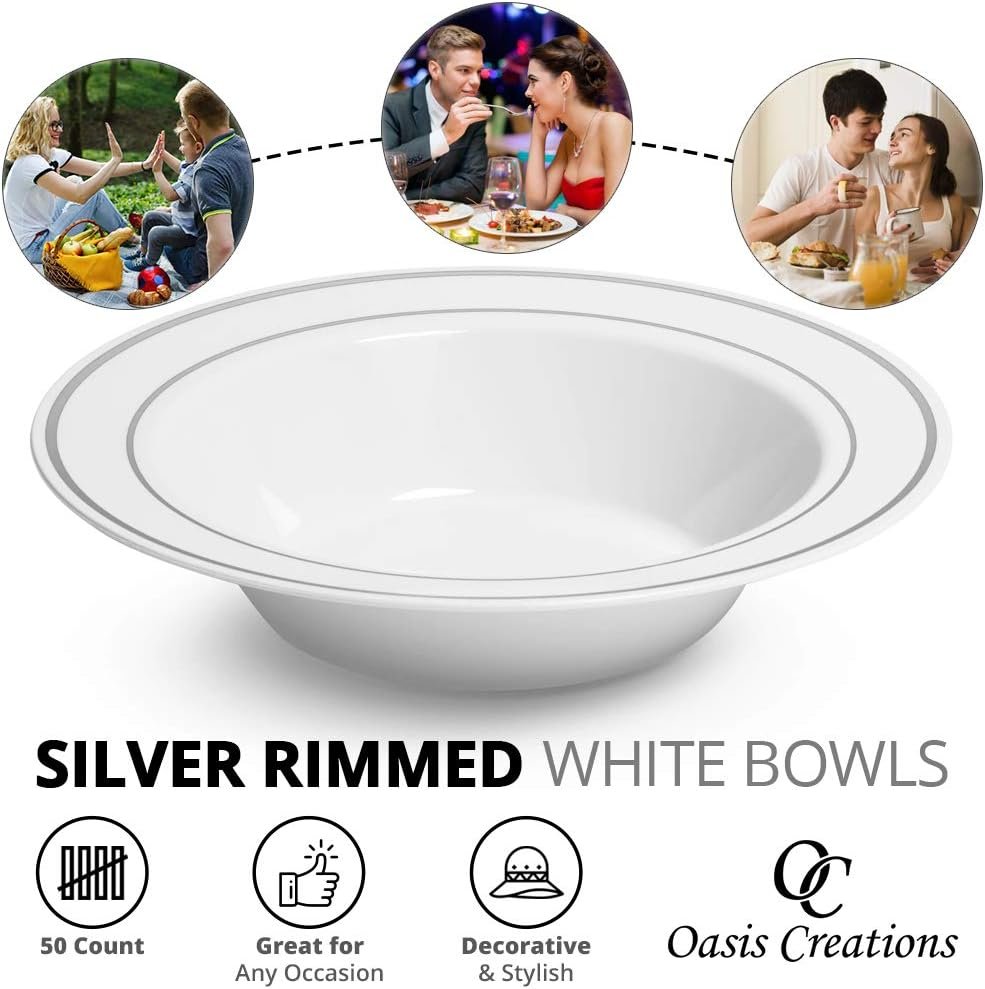 Wholesale Silver Rimmed White Bowls 12 oz 50 Count Hard Plastic Disposable or Reusable for Dessert Salad Cereal Pasta Ideal for Weddings Parties Factory Wholesale Silver Rimmed White Bowls 12 oz 50 Count Hard Plastic Disposable or Reusable for Dessert Salad Cereal Pasta Ideal for Weddings Parties Factory