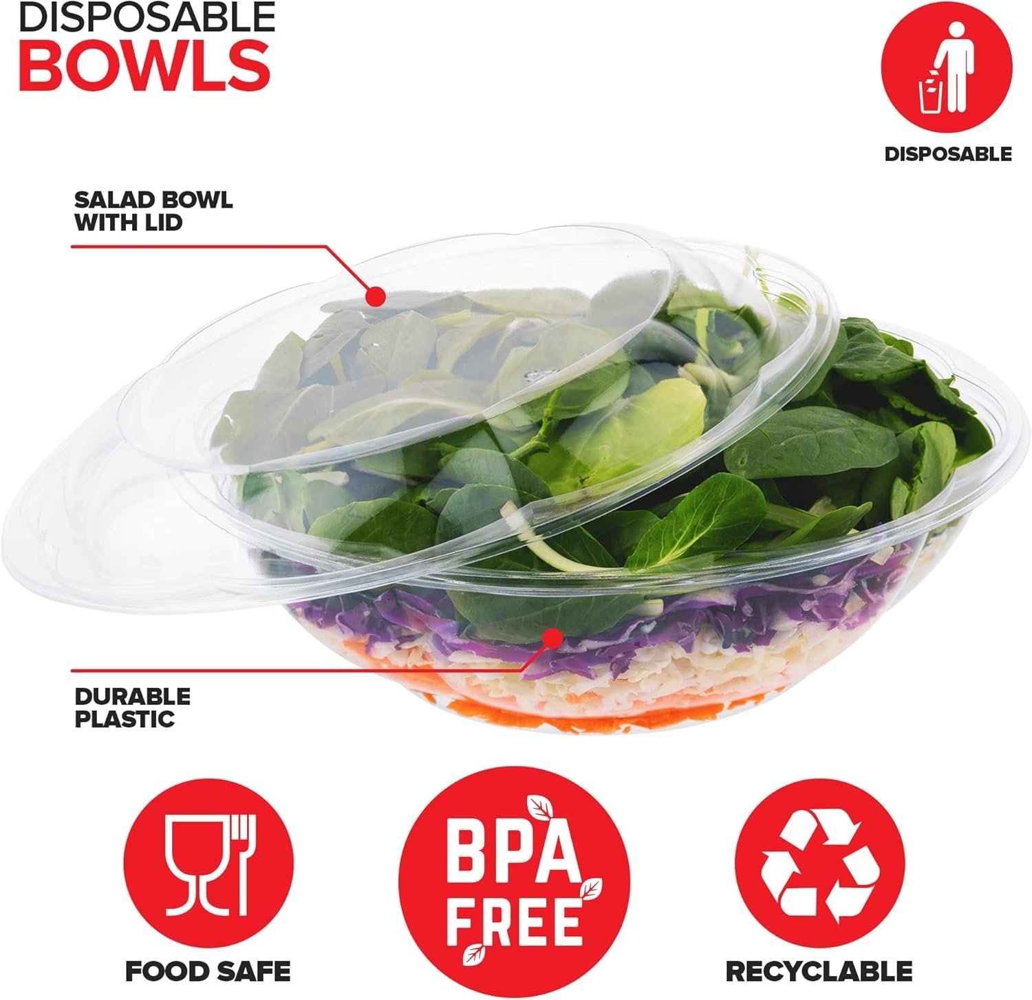 Wholesale 64oz Extra Large Clear Plastic Disposable Salad Bowls with Snap-On Lids (10 Pack) for Takeout Fruit Salads Meal Prep Acai Bowls To-Go Party Containers Factory