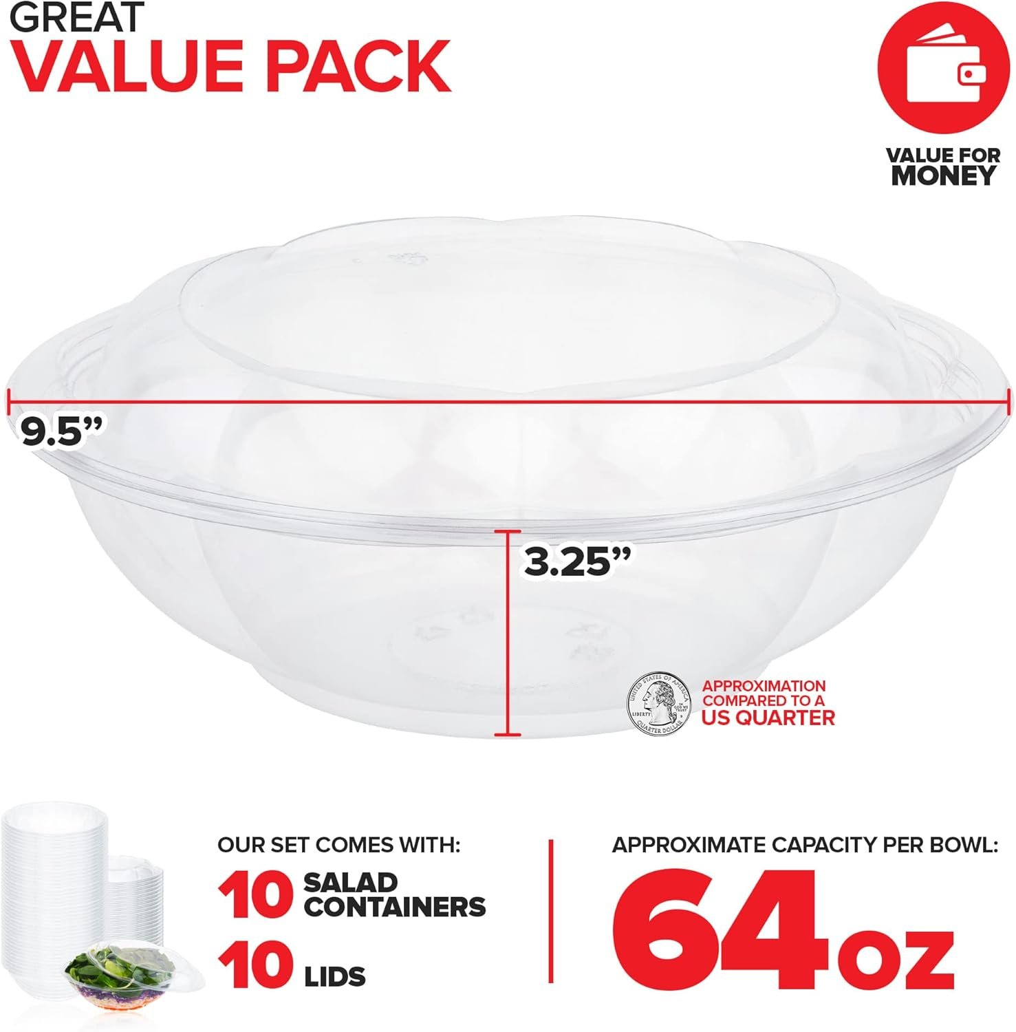 Wholesale 64oz Extra Large Clear Plastic Disposable Salad Bowls with Snap-On Lids (10 Pack) for Takeout Fruit Salads Meal Prep Acai Bowls To-Go Party Containers Factory