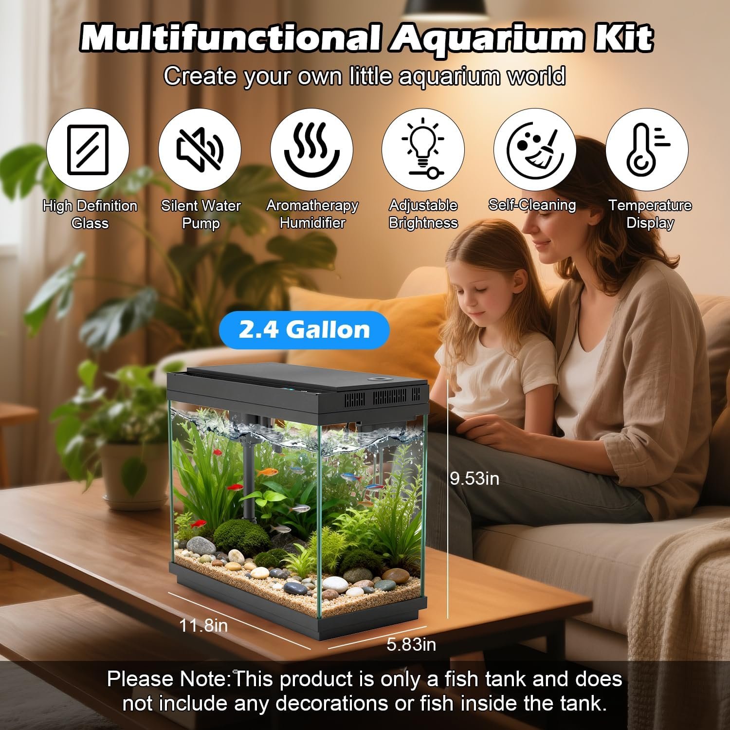 OEM 2.4 Gallon Smart Fish Tank Aquarium Silent Pump Quick Start Kit Temperature Display Humidifier RGB Lights Home Office Decor Factory