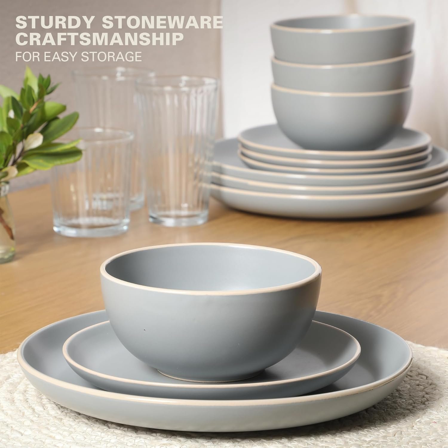 OEM 12-Piece Stoneware Dinnerware Set Matte Finish Service for 4 Modern Ceramic Plates Bowls Microwave Dishwasher Safe Soft Gray Factory