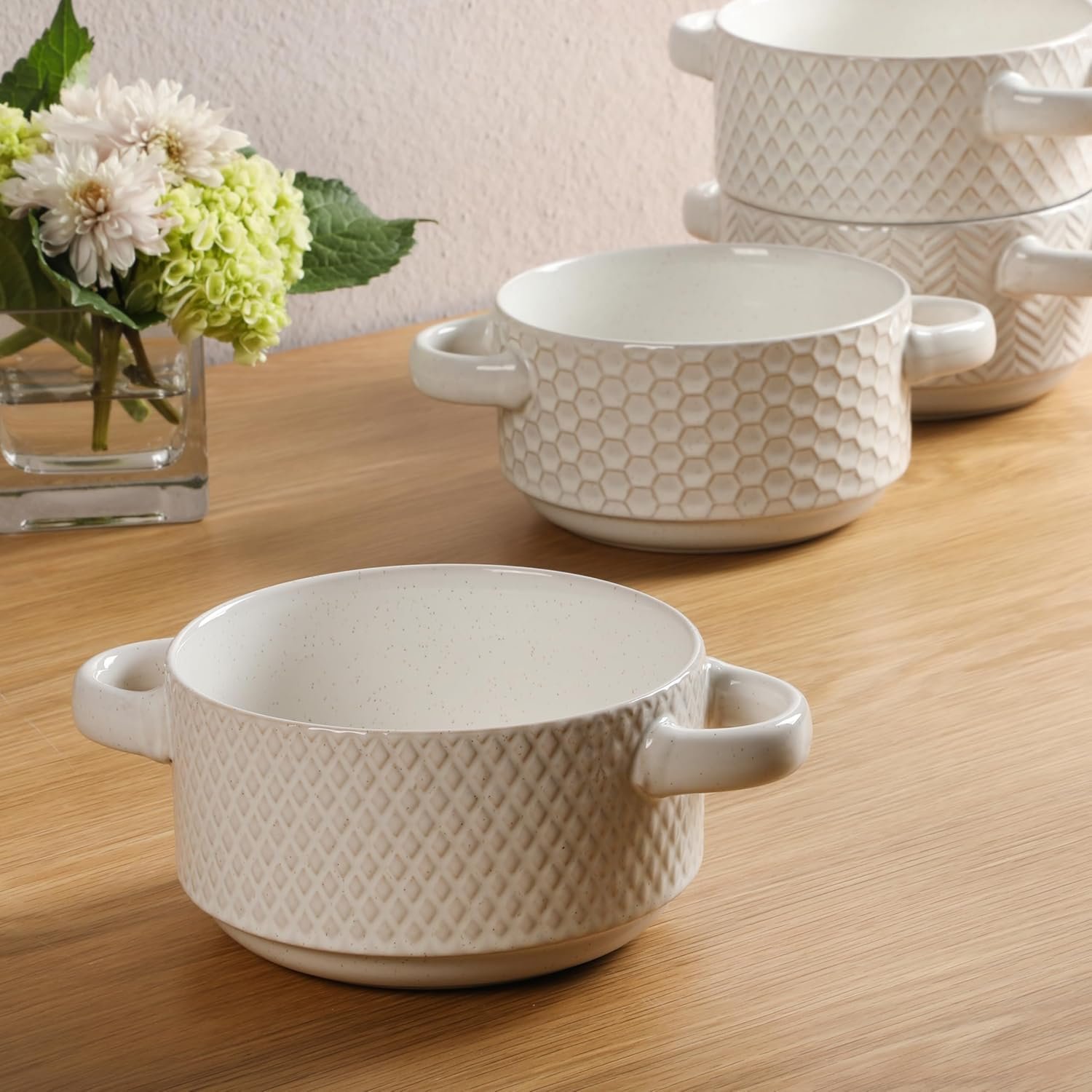 OEM 6-Inch Oyster Tide Embossed Soup Bowls with Handles Stackable Ceramic Crocks for French Onion Chili Beef Stew Reactive Glaze Set of 4 White Factory