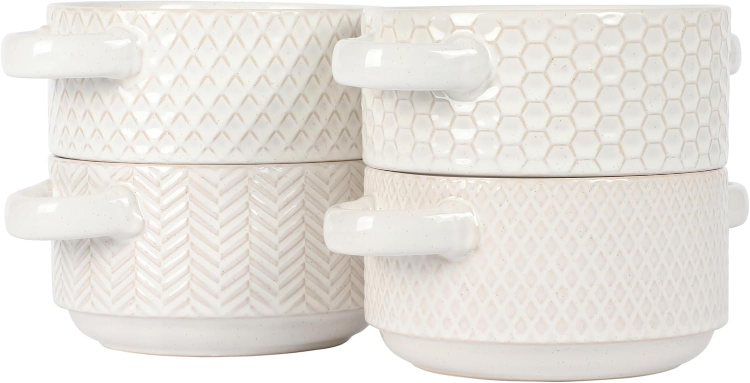 OEM 6-Inch Oyster Tide Embossed Soup Bowls with Handles Stackable Ceramic Crocks for French Onion Chili Beef Stew Reactive Glaze Set of 4 White Factory