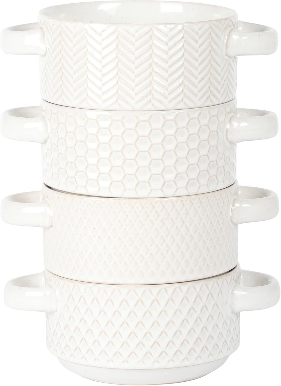 OEM 6-Inch Oyster Tide Embossed Soup Bowls with Handles Stackable Ceramic Crocks for French Onion Chili Beef Stew Reactive Glaze Set of 4 White Factory