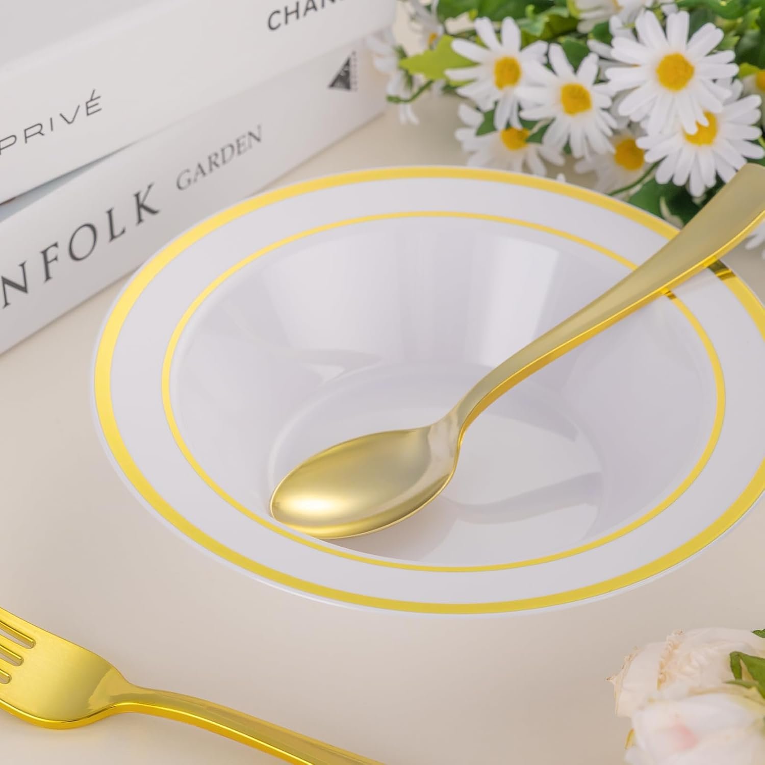 Wholesale 50 Pack 12oz Disposable Gold Rim Soup Dessert Salad Bowls for Wedding Party Catered Events Factory