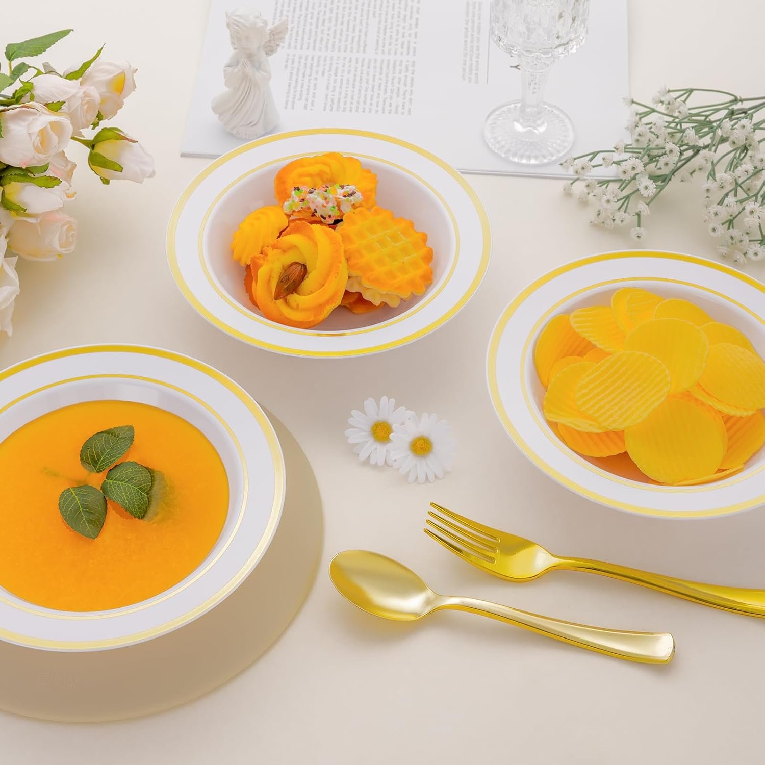 Wholesale 50 Pack 12oz Disposable Gold Rim Soup Dessert Salad Bowls for Wedding Party Catered Events Factory