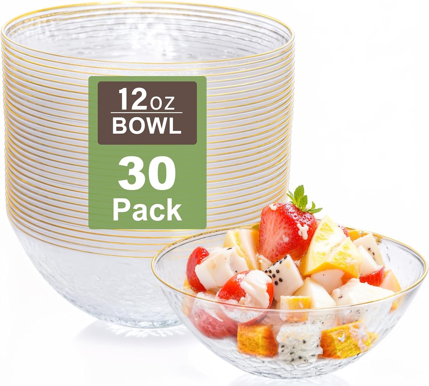 Rubtlamp 30 Pack Clear Disposable Bowls, Clear Plastic Bowls with Gold Rim, 12-16oz Premium Heavy Duty Plastic soup Bowls for Party, Wedding and Holiday