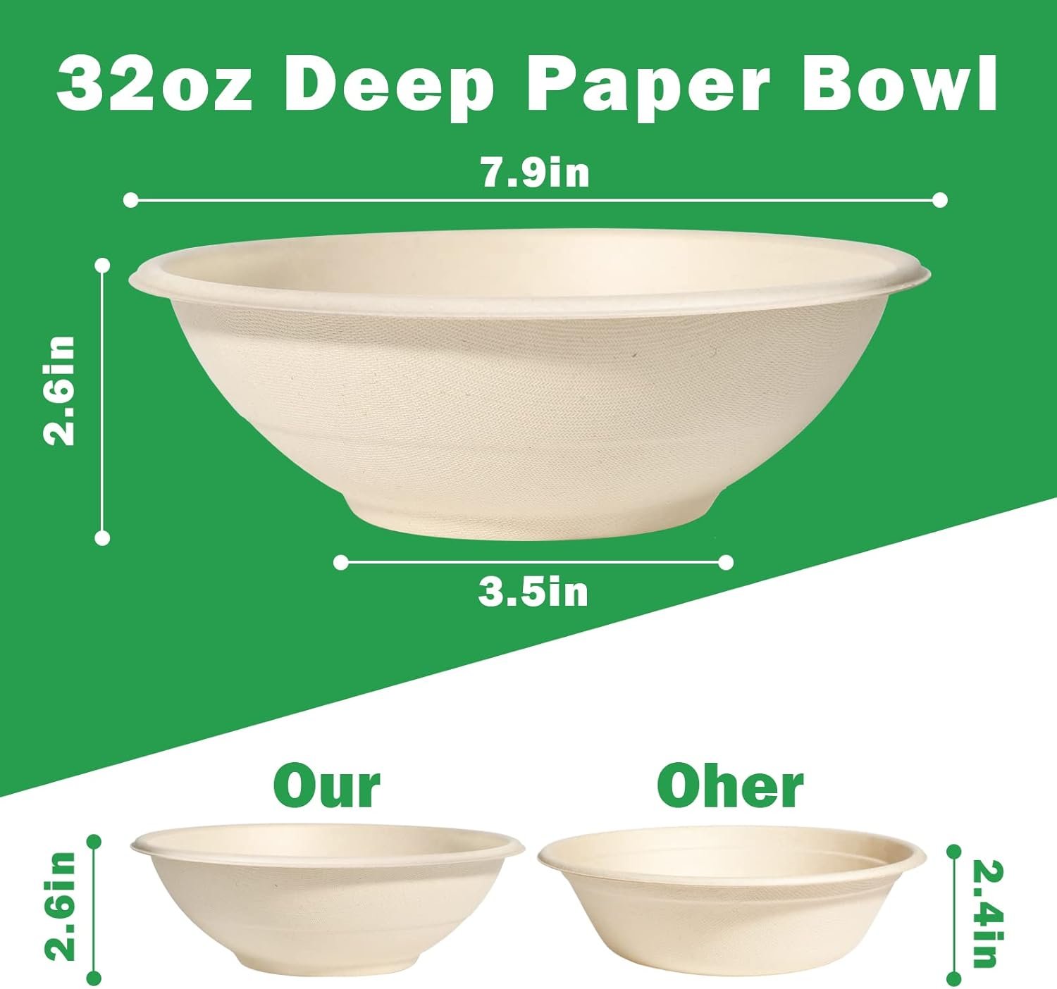 Wholesale 32oz Large Heavy Duty Biodegradable Microwavable Bagasse Paper Bowls 50 Pack Eco Friendly for Hot Soup Milk Cereals Snacks Salads Factory