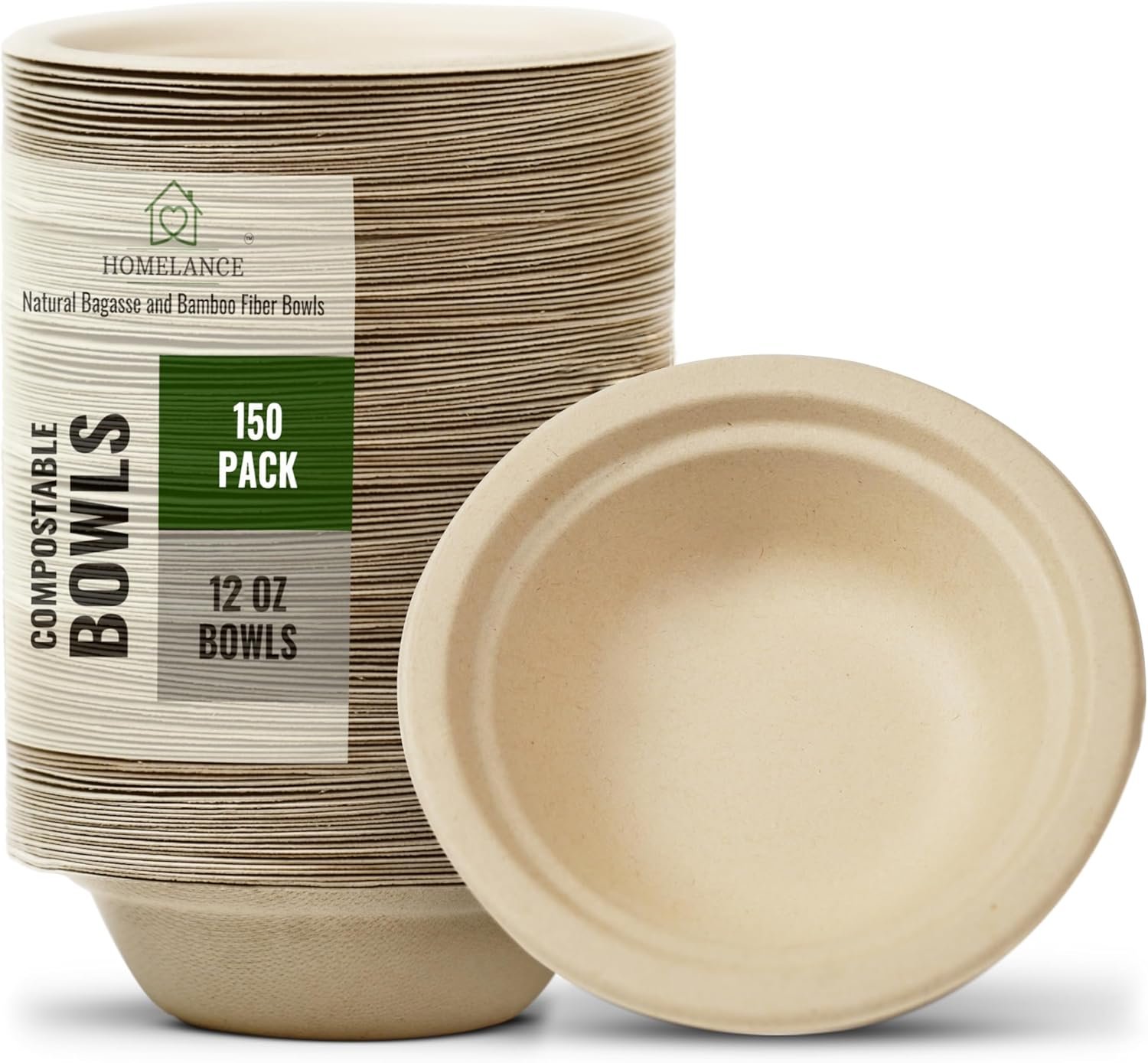 Homelance Compostable Bowls 12 OZ/350ml 150Pcs – Bamboo & Bagasse Disposable Bowls for Hot Soup-Temperature Resistant & Microwave Safe – Paper Bowls Disposable for Daily Meals