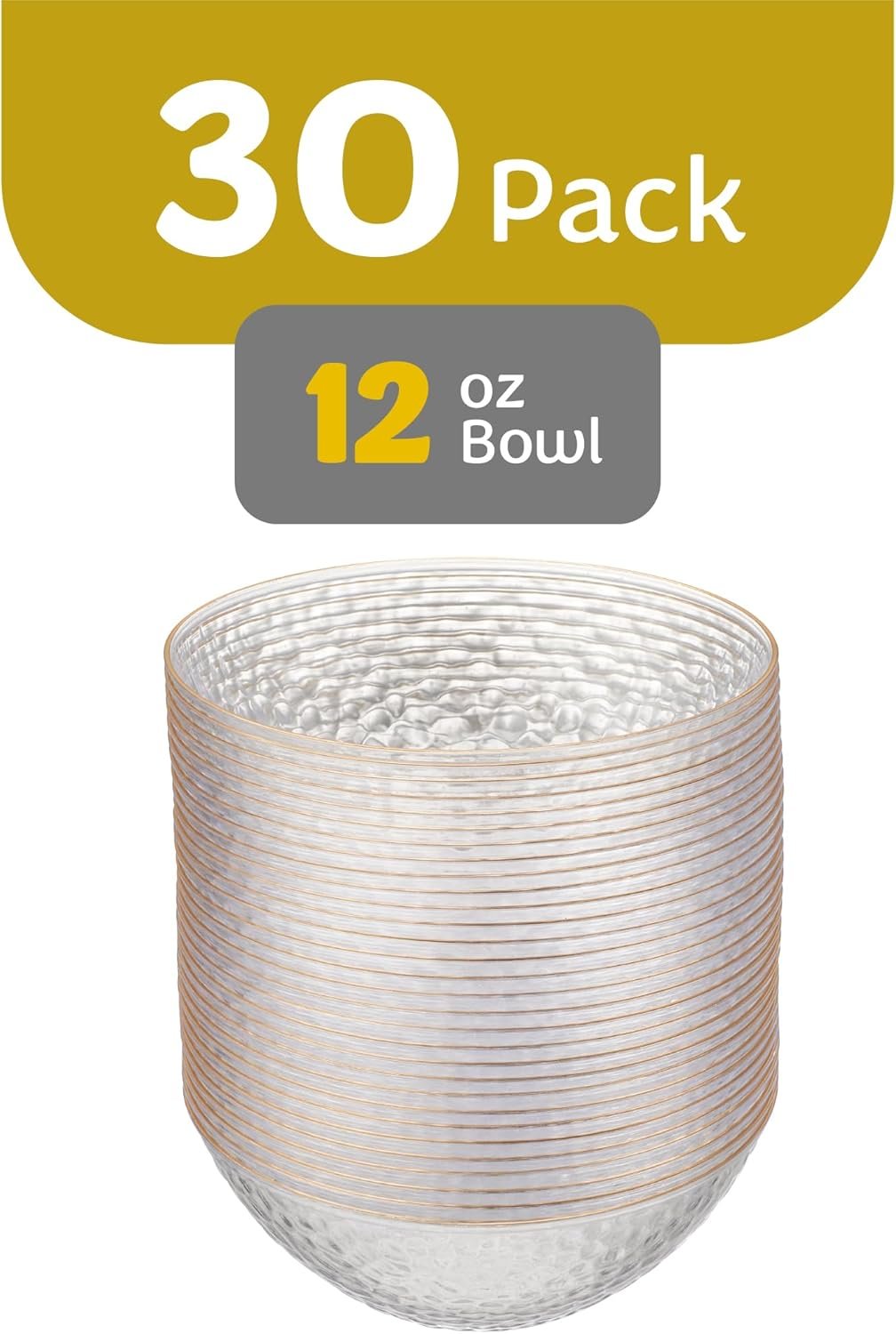 Wholesale 30 Pack 12 Ounce Hammered Plastic Bowls Heavyweight Disposable Elegant Clear with Gold Rim BPA Free for Parties Dinners Events Factory