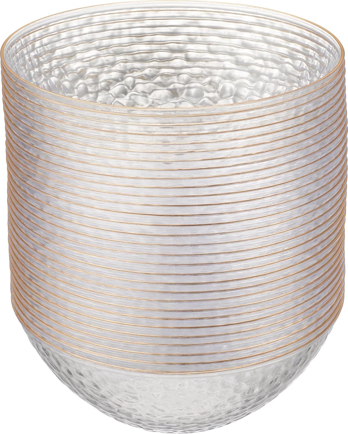 PLASTICPRO 30 Pack 12 Ounce Hammered Plastic Bowls, Heavyweight Disposable Bowl Set, Elegant Clear with Gold Rim, BPA Free, for Parties, Dinners, Events
