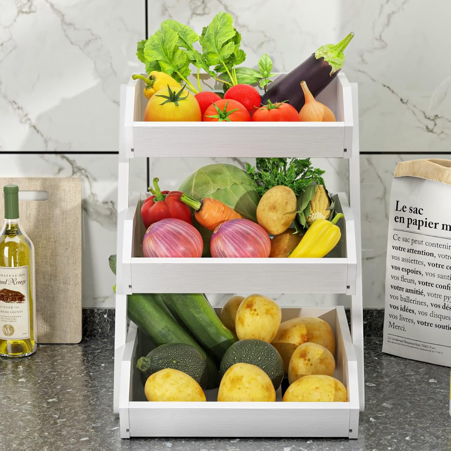 OEM 3-Tier Fruit Basket for Kitchen Counter Vegetable Storage Bowl 15mm Thick White Factory