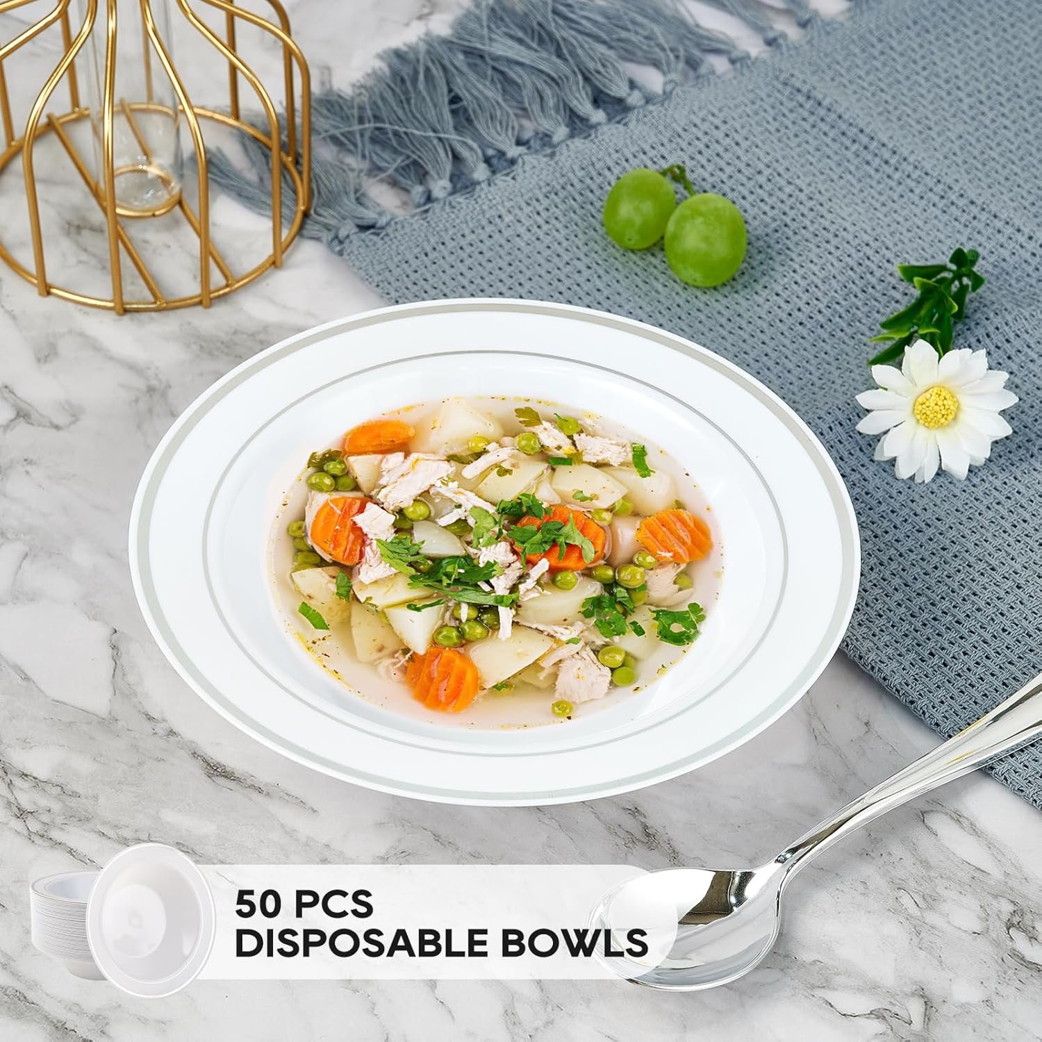 Wholesale 50 Pack 12oz Disposable Plastic Bowls with Silver Rim Heavy Duty Premium for Soup Dessert Christmas Thanksgiving Wedding Party Factory