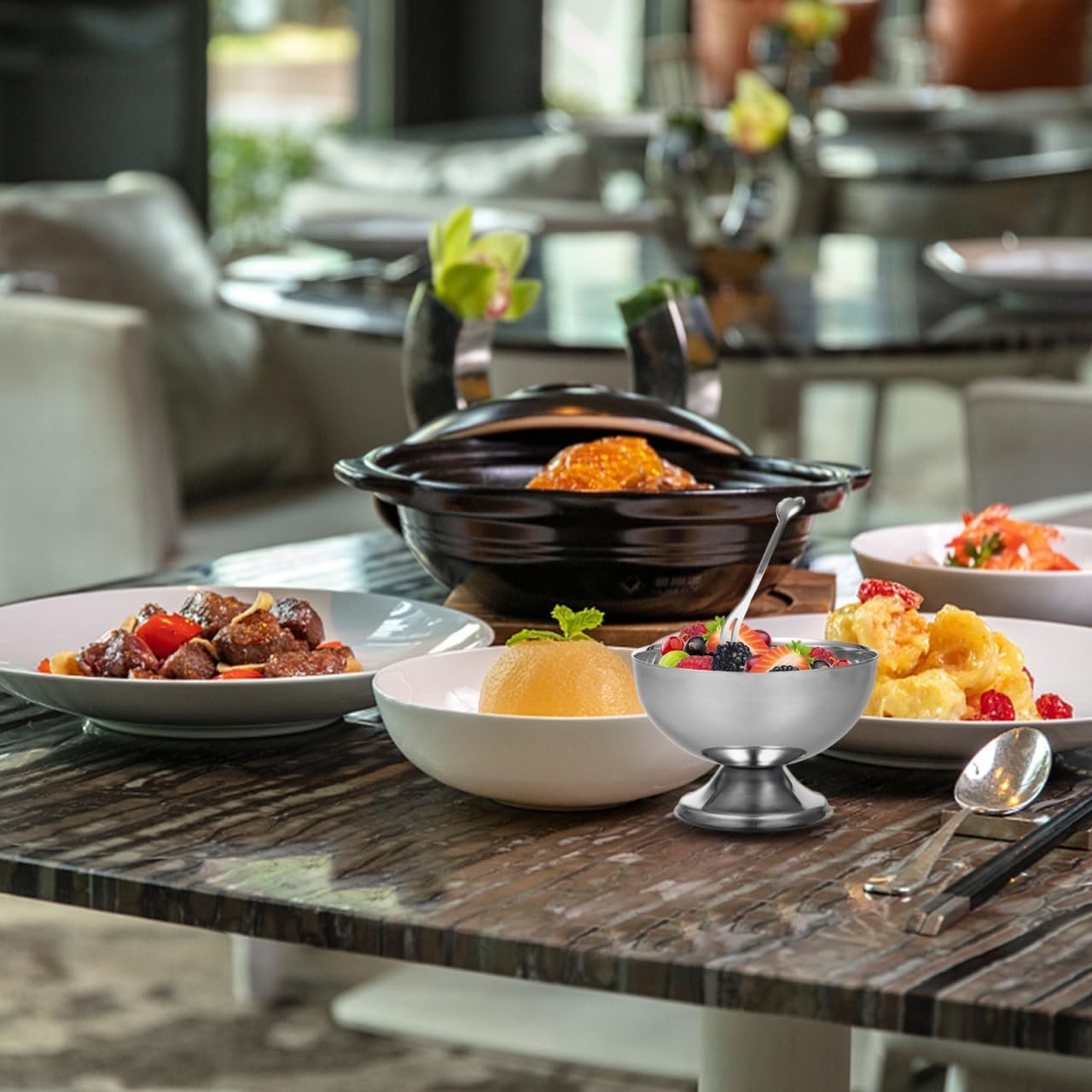 OEM Stainless Steel Ice Cream Cups Dessert Bowls with Pedestal for Sundae Salad Cocktails Baked Goods Factory