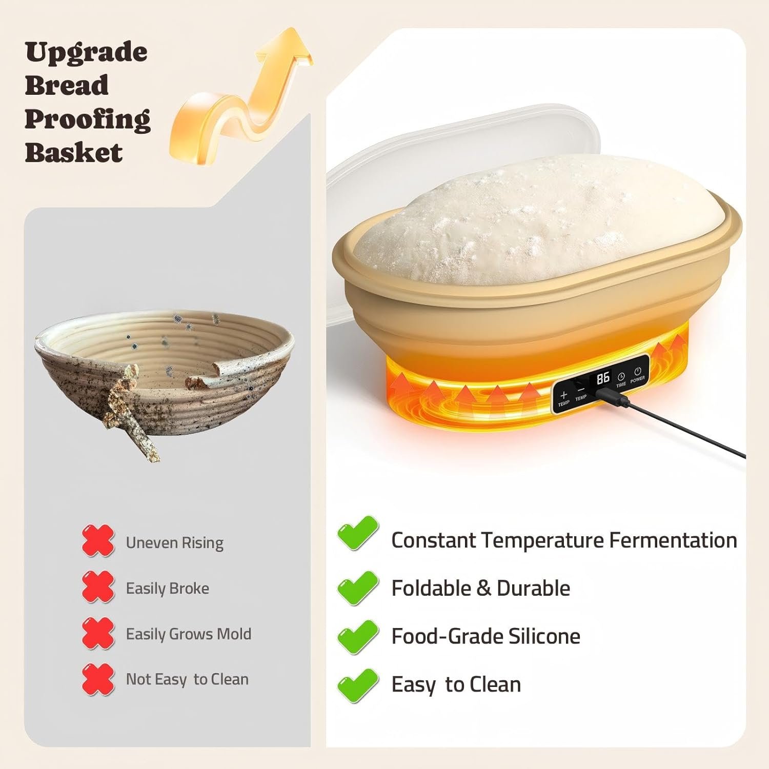 OEM 2L Electric Thermostatic Silicone Oval Banneton Proofing Basket with 6 Timer Temp Settings for Dough Rising Dishwasher Safe Foldable Starter Bowl Factory