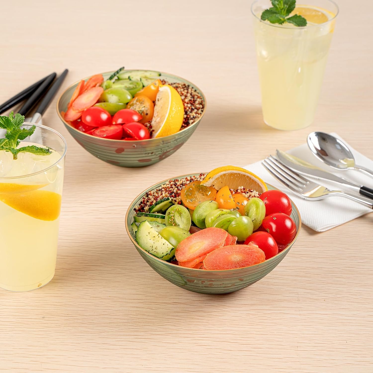 Wholesale 16 oz Gold Rimmed Disposable Plastic Soup Bowls 20 Pcs Heavy-Duty Green Translucent Rippled Dinnerware for Parties Desserts Salads Snacks Catering Factory