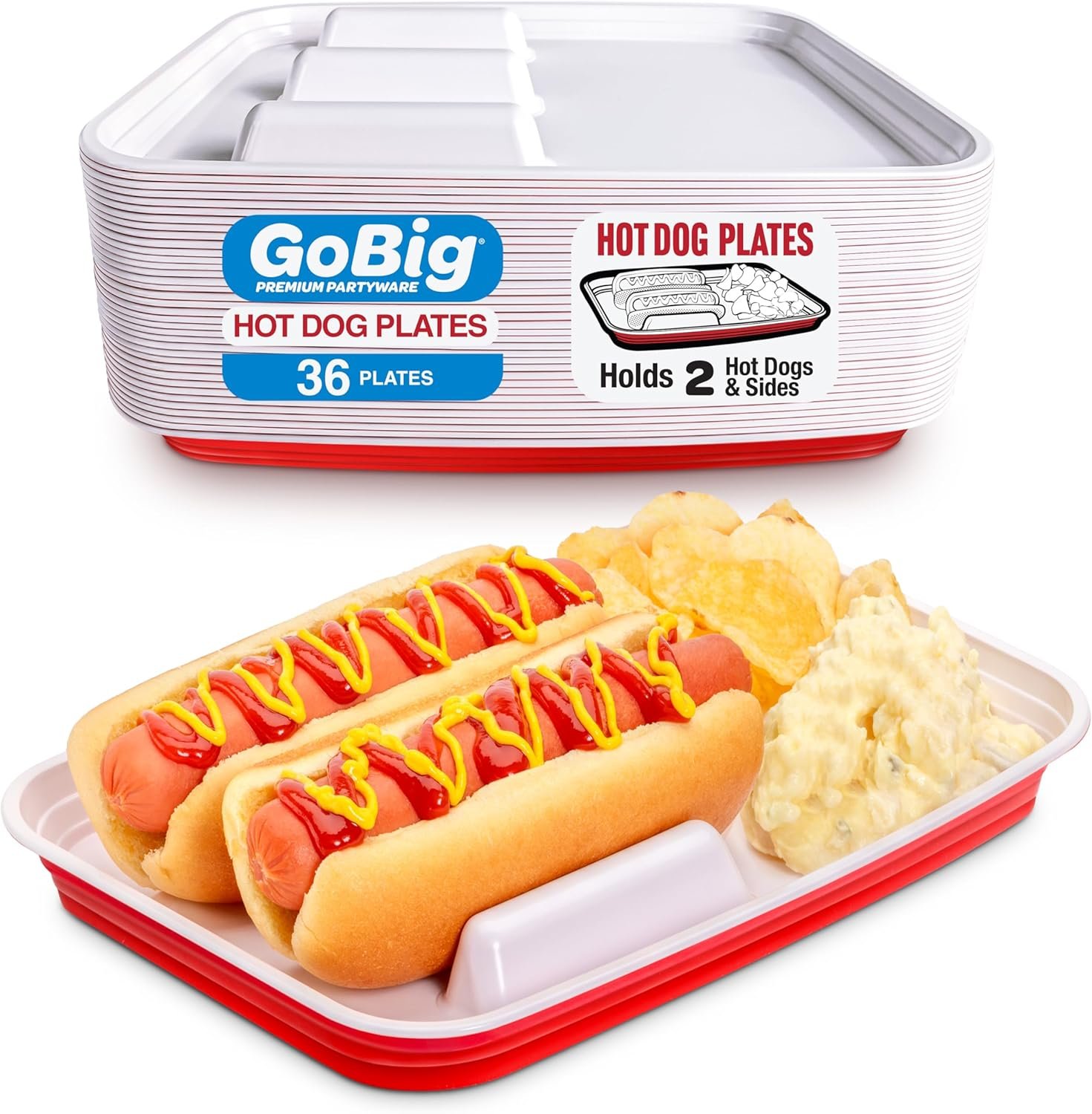 GoBig Hot Dog Food Trays with Dividers - 36 Pack Disposable Red Party Cup Hot Dog Plates for Parties, BBQs, & More
