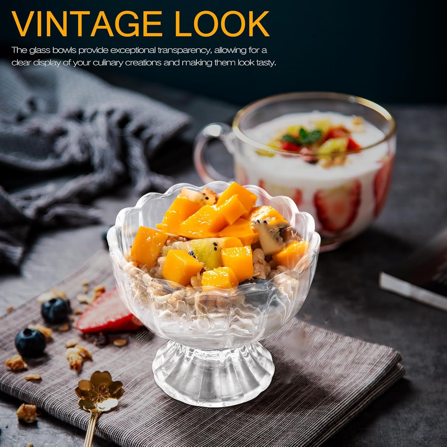 Wholesale 5oz Glass Ice Cream Bowls Set of 4 Footed Dessert Cups for Sundae Fruit Parfait Clear Scalloped Tulip Design Lead-Free Dishwasher Safe Factory