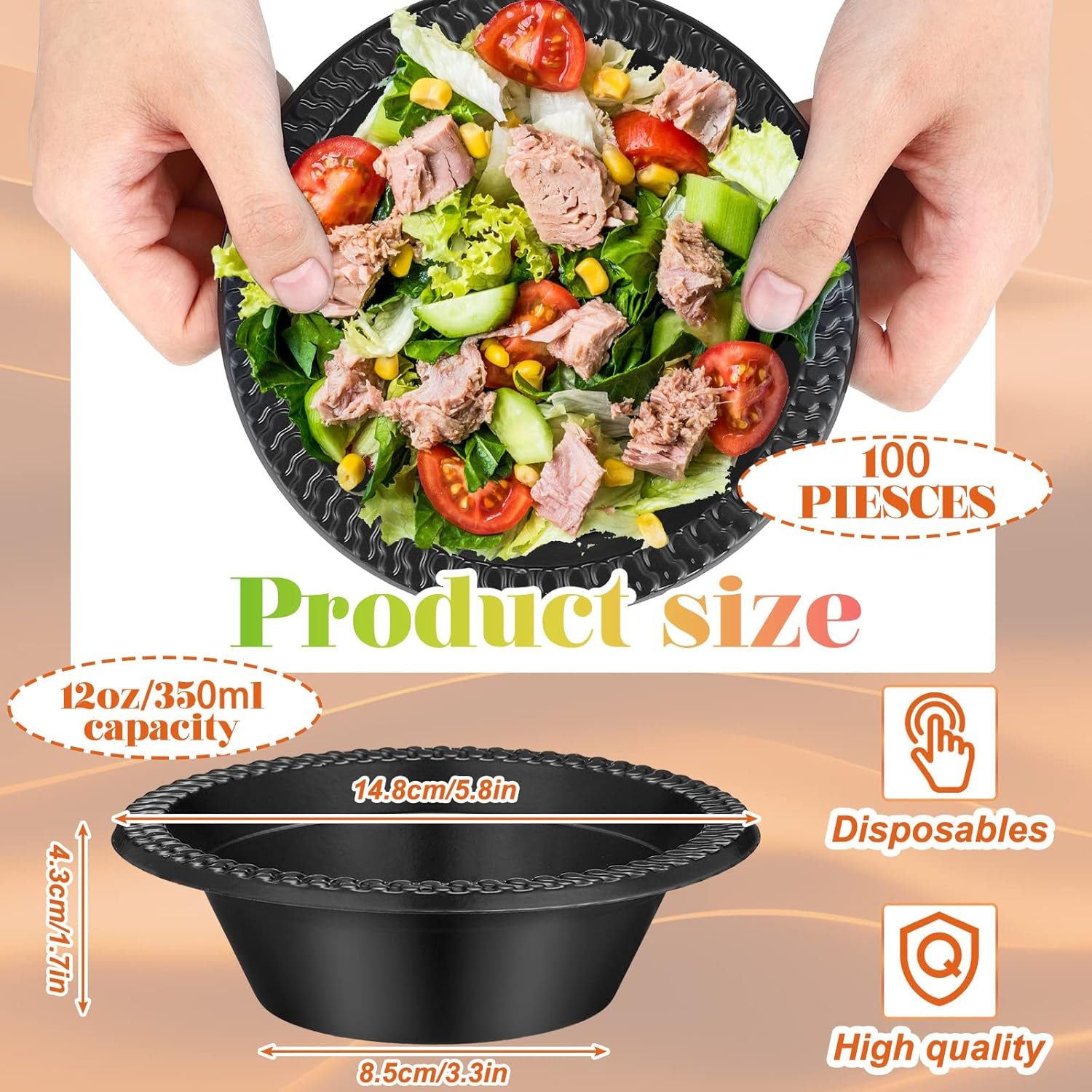 Wholesale 100 Pcs 12oz Black Disposable Plastic Bowls for Halloween Dessert Ice Cream Snack Salad Soup Serving Party Favor Picnic Factory