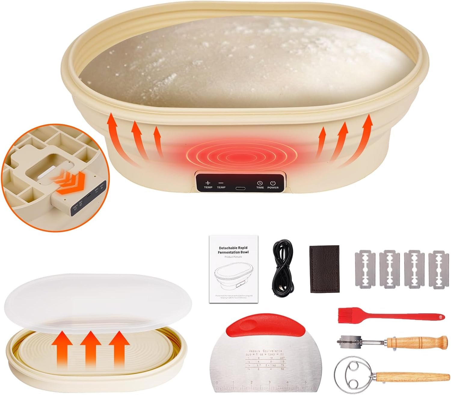 OEM 4L Heating Bread Proofing Basket Set Foldable Thermostatic Silicone Bowl 77-122°F 6 Gears Temperature Control 6H Timer Artisan Sourdough Baking Supplies Tools Kit Factory