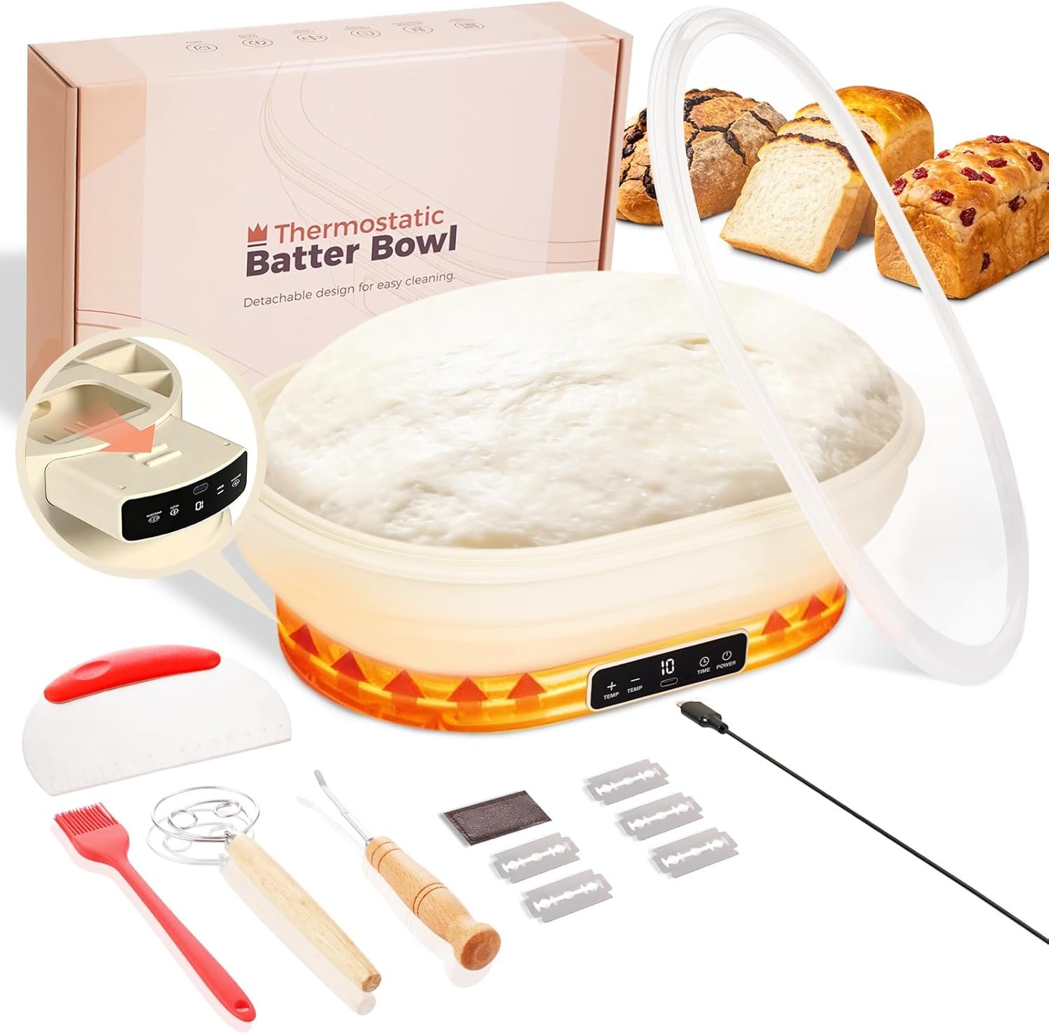 4L Heating Bread Proofing Basket Set Foldable Thermostatic Silicone Bowl with 77-122℉ 6 Gears Temperature & 6H Timer, for Artisan Baking Sourdough Starter Bread Making Supplies Tools Kit