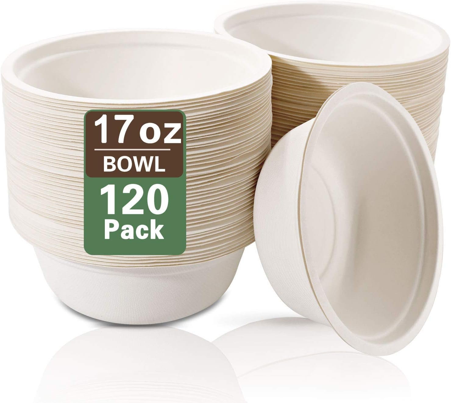 Nervure 120PCS Biodegradable Paper Bowls-16OZ Compostable Bowls Heavy Duty Nature-Made by 100% Sugar Cane Fibers,Microwave Hot Food Safe
