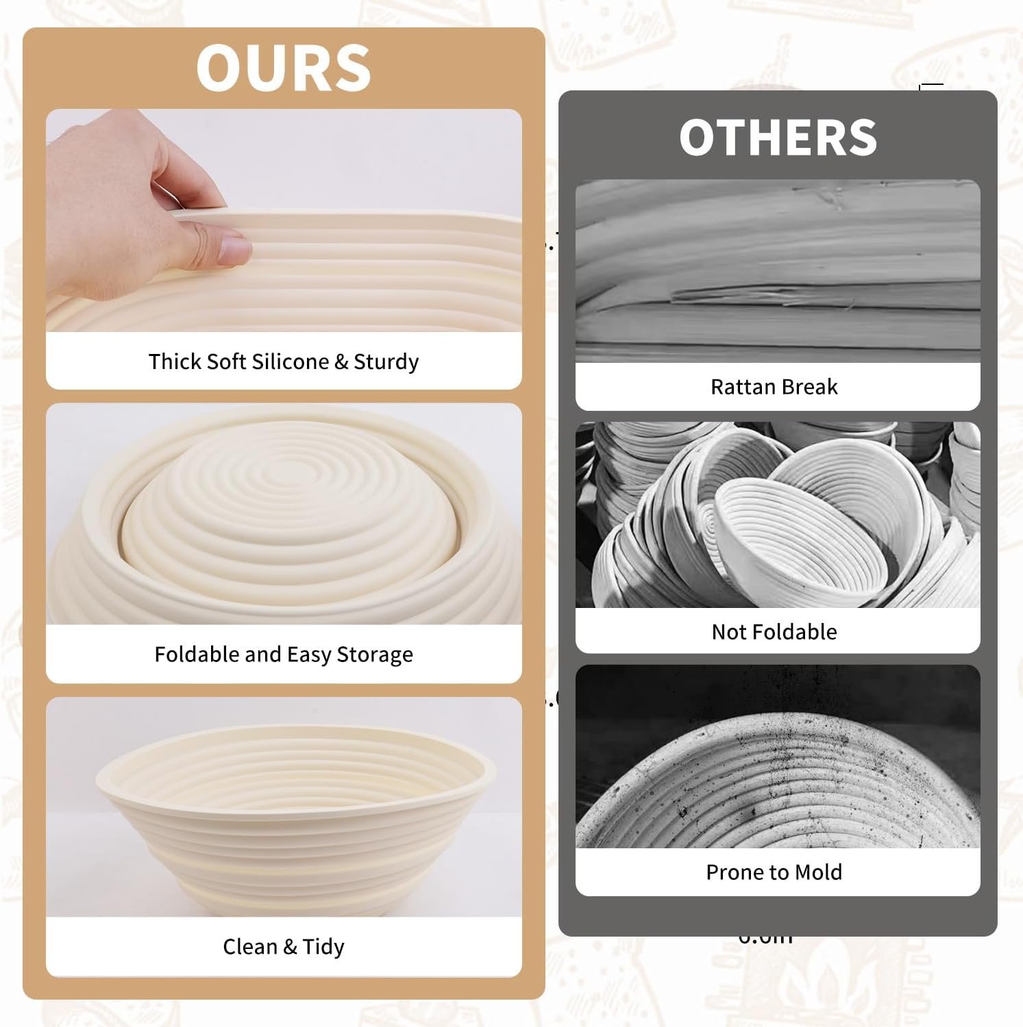 OEM 2Pcs Silicone Banneton Bread Proofing Baskets 10 Inch Oval 9 Inch Round Foldable Non-Stick Dough Bowls BPA Free Sourdough Baking Supplies Beige Factory