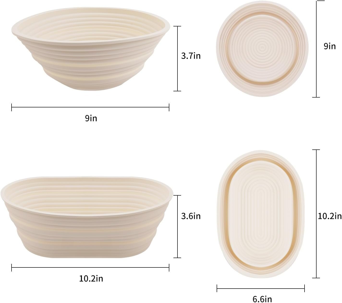 OEM 2Pcs Silicone Banneton Bread Proofing Baskets 10 Inch Oval 9 Inch Round Foldable Non-Stick Dough Bowls BPA Free Sourdough Baking Supplies Beige Factory