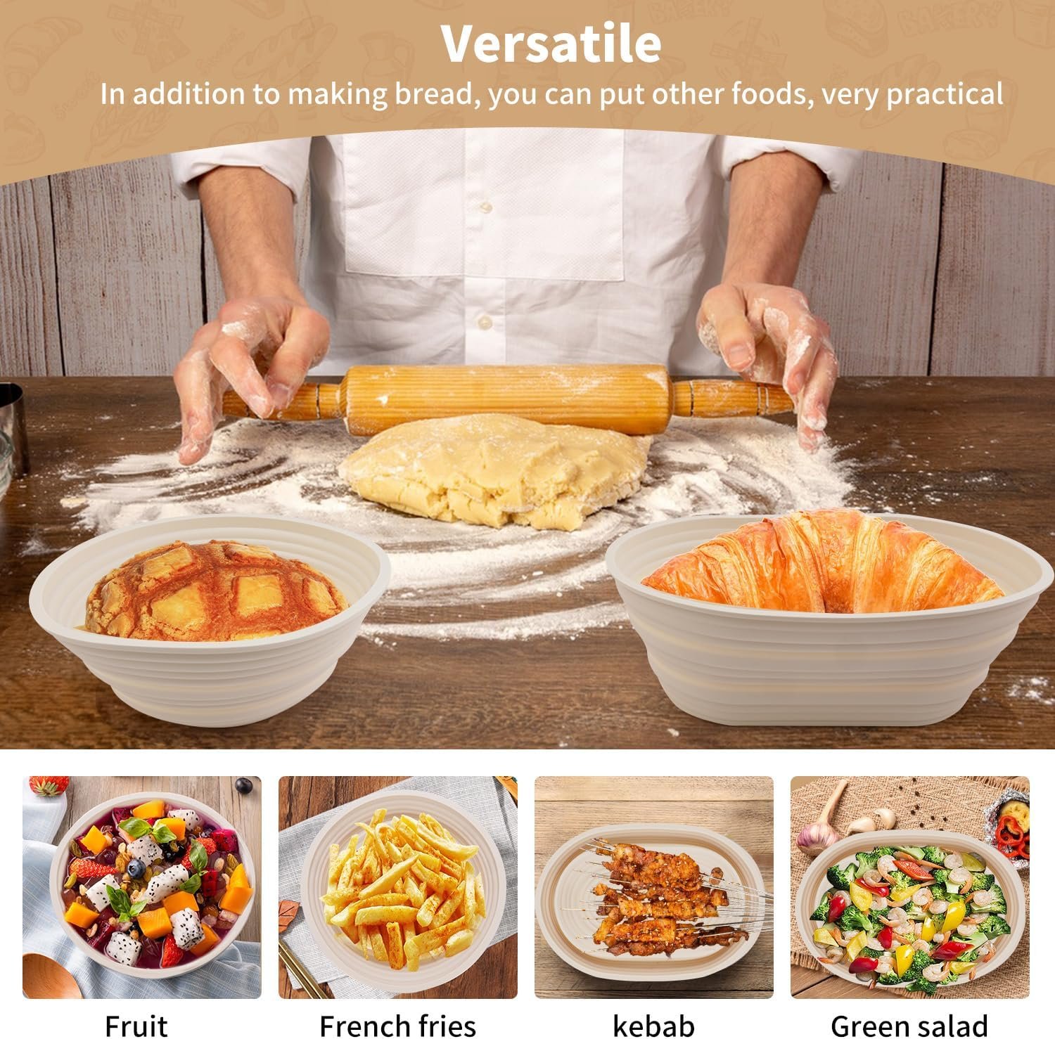 OEM 2Pcs Silicone Banneton Bread Proofing Baskets 10 Inch Oval 9 Inch Round Foldable Non-Stick Dough Bowls BPA Free Sourdough Baking Supplies Beige Factory