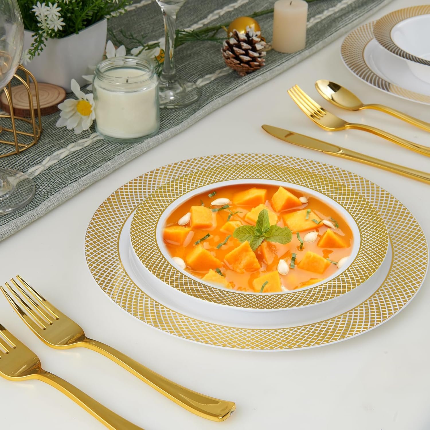 Wholesale 50 Pack 12 oz Gold Rim Disposable Plastic Soup Bowls Heavy Duty Dinner Bowls for Weddings Parties Dinners Catering Christmas Everyday Use Factory