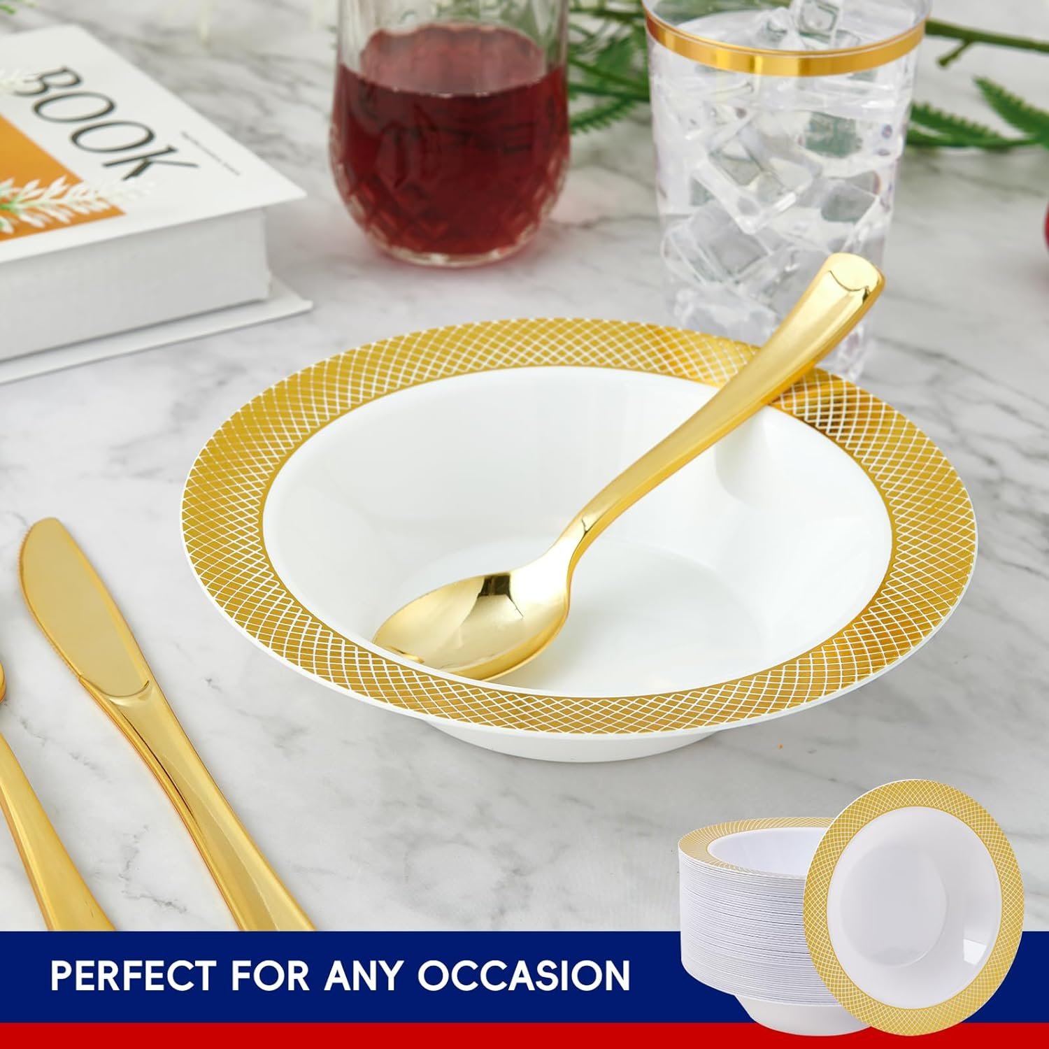 Wholesale 50 Pack 12 oz Gold Rim Disposable Plastic Soup Bowls Heavy Duty Dinner Bowls for Weddings Parties Dinners Catering Christmas Everyday Use Factory