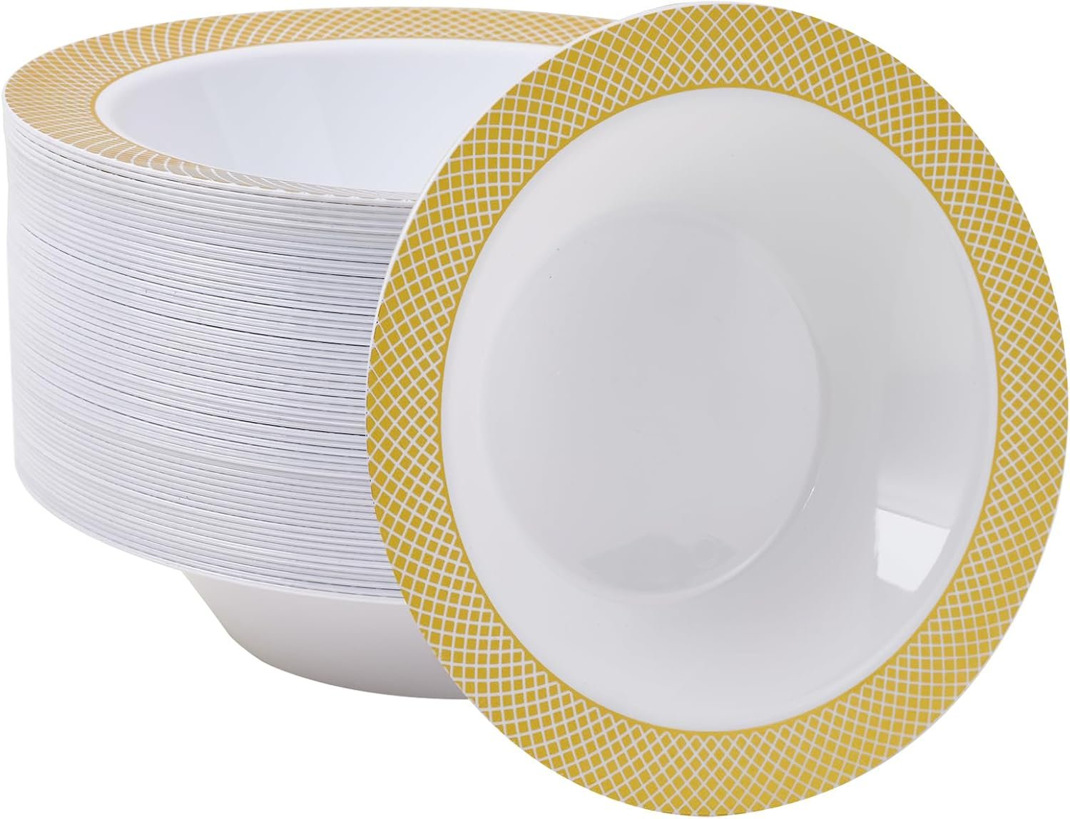 JOLLY CHEF 50 Pack Plastic Bowls with Gold Rim, 12 oz Disposable Soup Bowls, Heavy Duty Plastic Dinner Bowl for Weddings, Party, Dinners, Catering, Christmas and Everyday Use
