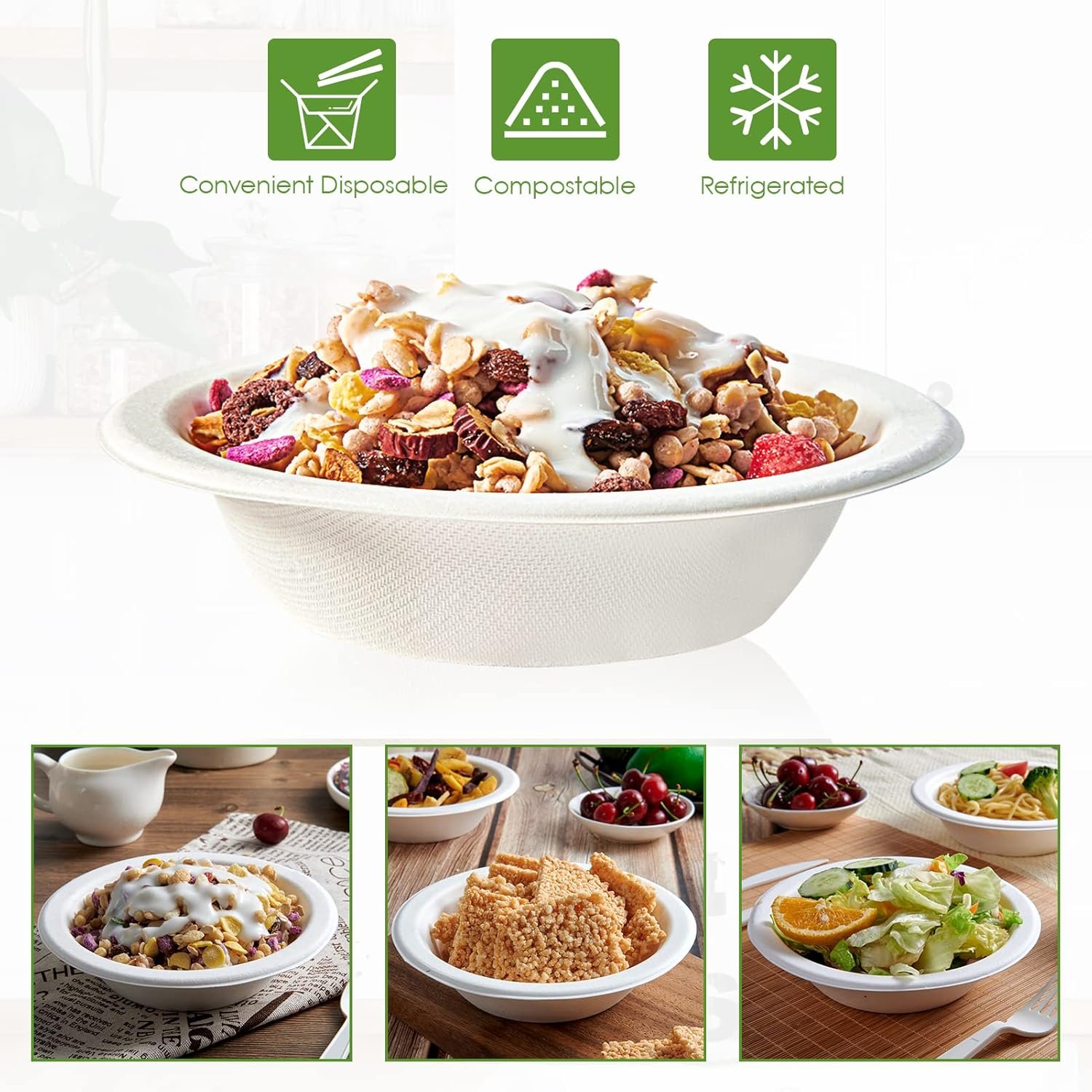 Wholesale 200 Pack 16 OZ Disposable Compostable Paper Bowls Eco-friendly Bagasse Heavy-duty for Milk Cereals Snacks Salads Bulk Factory