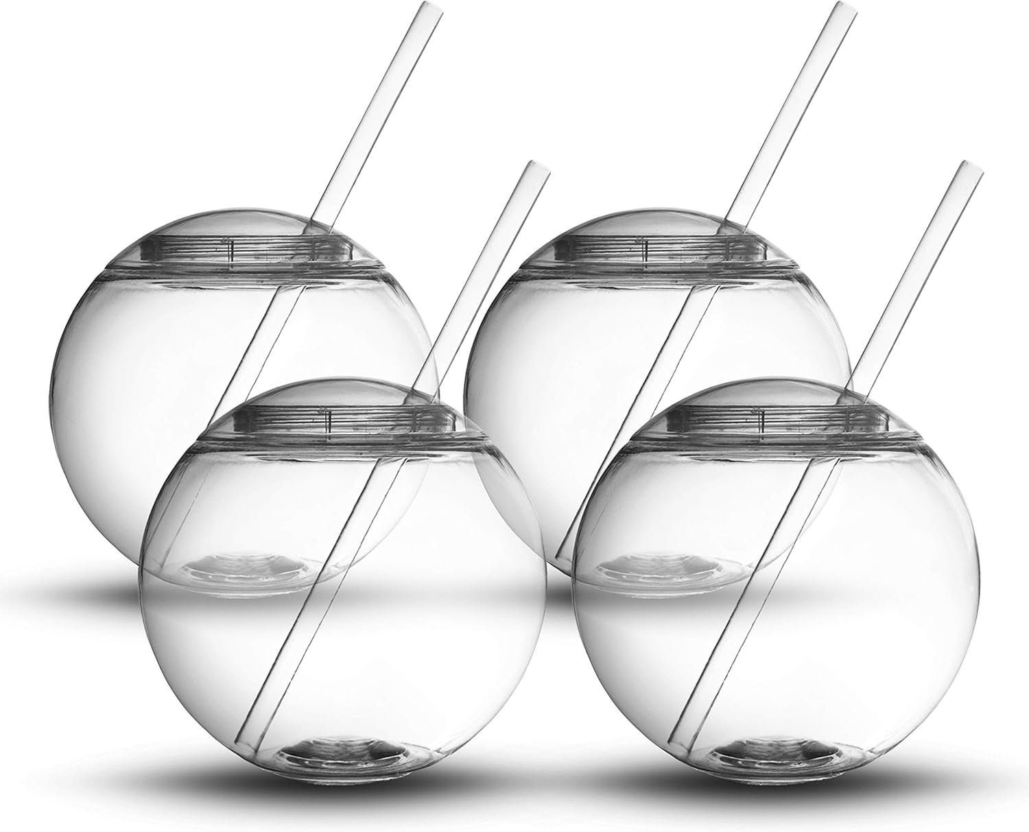 Fish Bowl for Drinks - Sphere Shaped Durable Drinking Party Cups with Cover, 4-Pack (22 oz) - Fun, Unique Design Sits Flat, 4 Straws Included - Great for Dinner and Cocktail Parties and Outdoor Use
