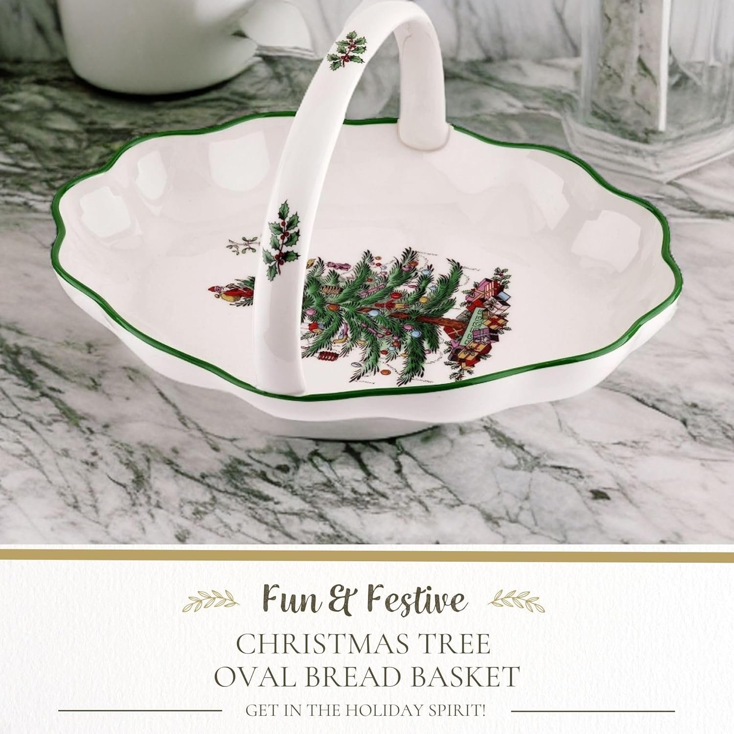 Wholesale Christmas Tree Oval 10 Inch Handled Breadbasket Bowl for Fruit Cookies - Fine Earthenware Festive Holiday Serveware Dishwasher Safe supplier