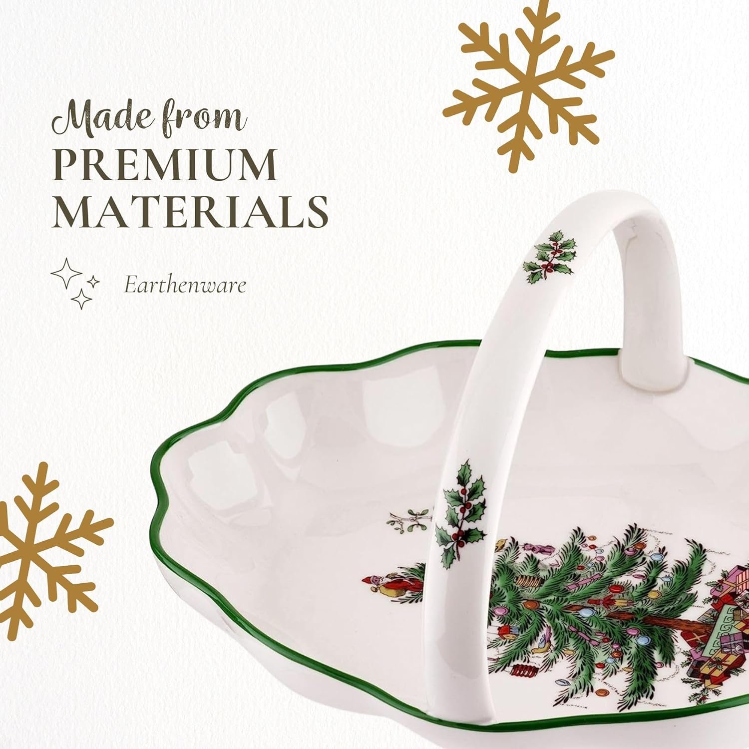 Wholesale Christmas Tree Oval 10 Inch Handled Breadbasket Bowl for Fruit Cookies - Fine Earthenware Festive Holiday Serveware Dishwasher Safe supplier