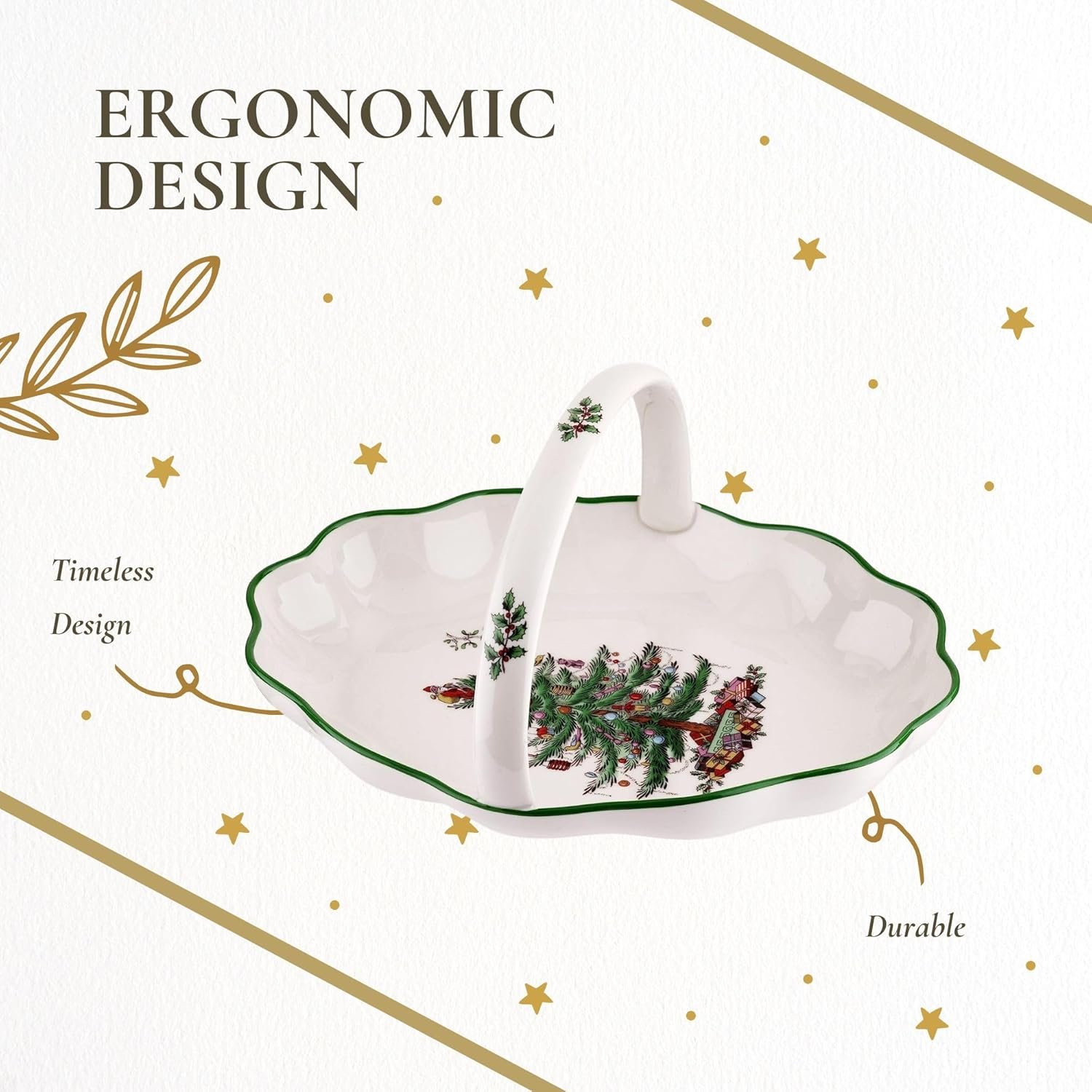 Wholesale Christmas Tree Oval 10 Inch Handled Breadbasket Bowl for Fruit Cookies - Fine Earthenware Festive Holiday Serveware Dishwasher Safe supplier