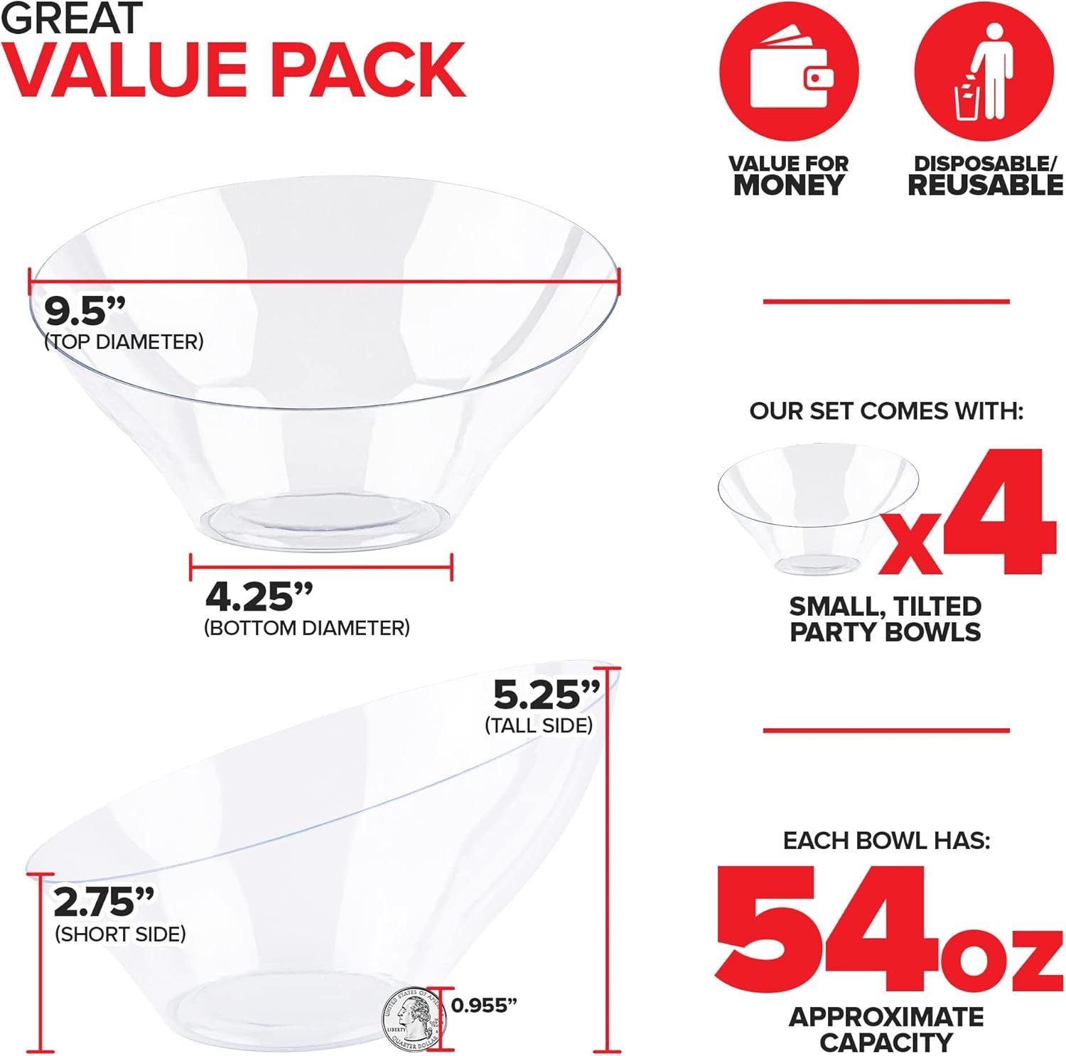 Wholesale 54oz Clear Plastic Serving Bowls 4 Pack Large Disposable Candy Dishes Buffet Containers for Chips Popcorn Snacks Punch Salad Bar Parties Office Desk Bridal Shower Party Supplies Factory