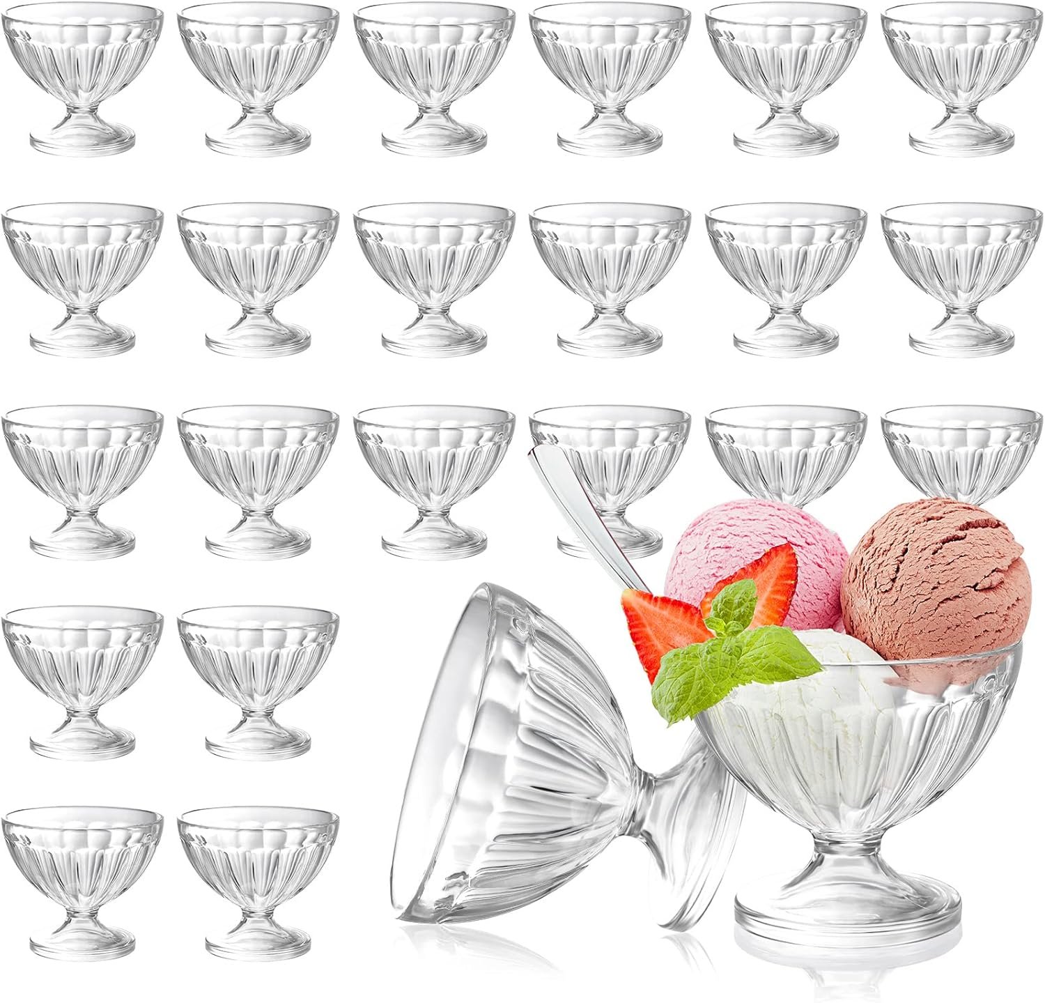 24 Pcs 8 oz Plastic Ice Cream Dessert Bowls Sundae Trifle Cups Bulk Clear Footed Milkshake Bowl Small Parfait Mousse Crystal Dish Holder Salad Condiment Fruit Holiday Wedding Picnic Party Favor