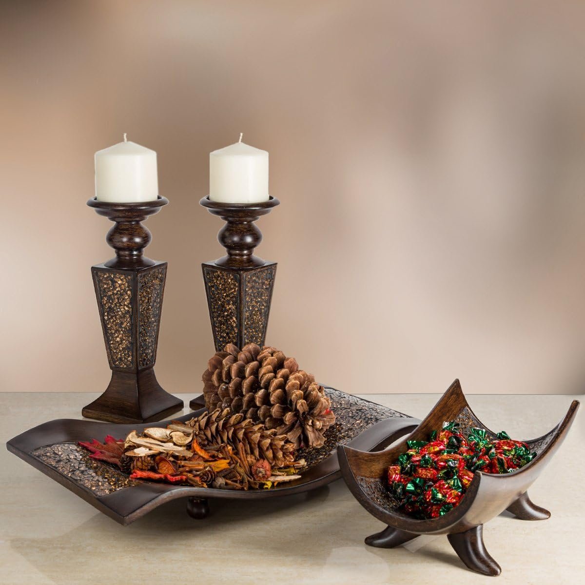 OEM Brown Pillar Candle Holder Set of 2 Crackled Mosaic Design Functional Table Centerpieces for Dining Living Room Wedding Gift Factory