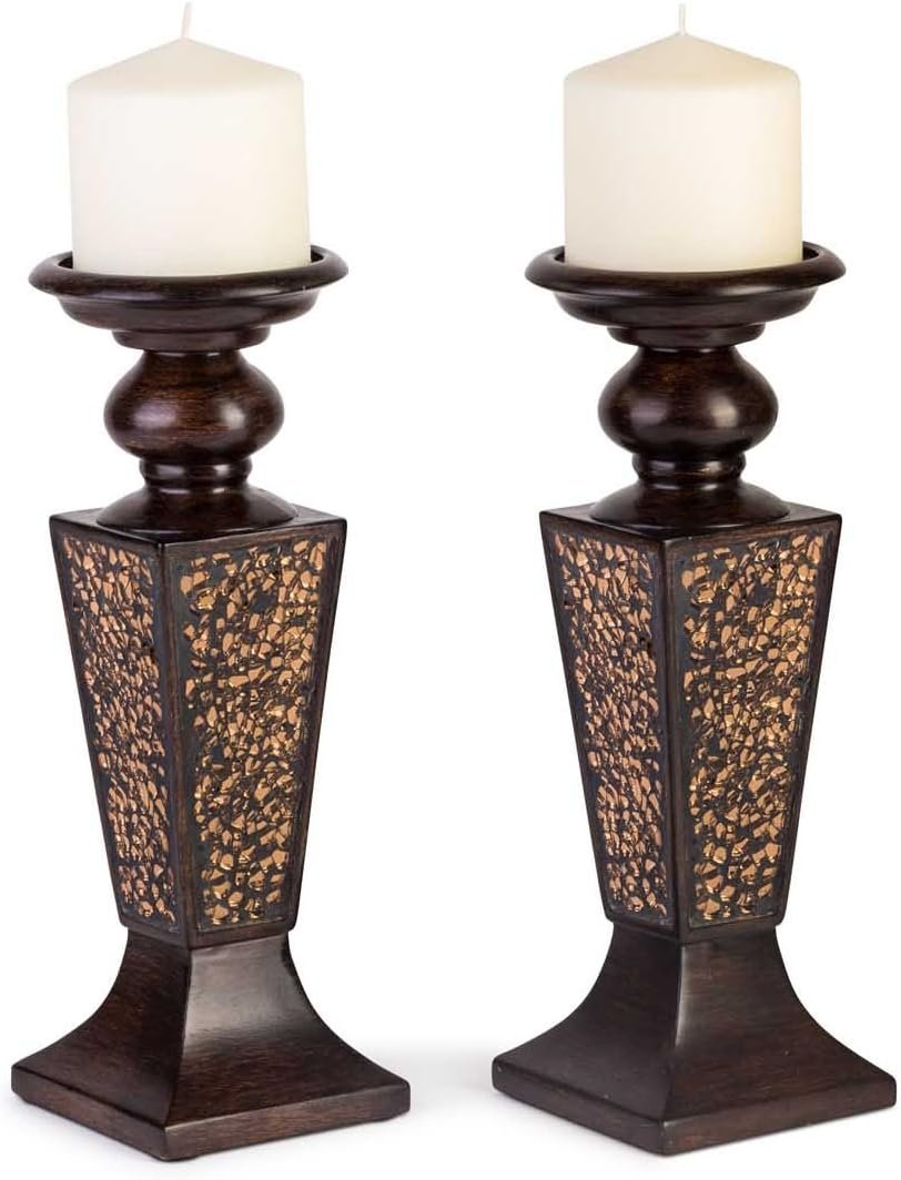 OEM Brown Pillar Candle Holder Set of 2 Crackled Mosaic Design Functional Table Centerpieces for Dining Living Room Wedding Gift Factory