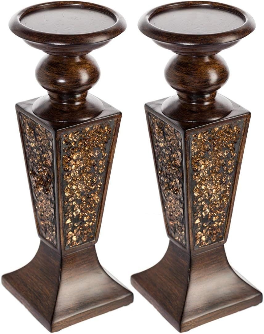OEM Brown Pillar Candle Holder Set of 2 Crackled Mosaic Design Functional Table Centerpieces for Dining Living Room Wedding Gift Factory
